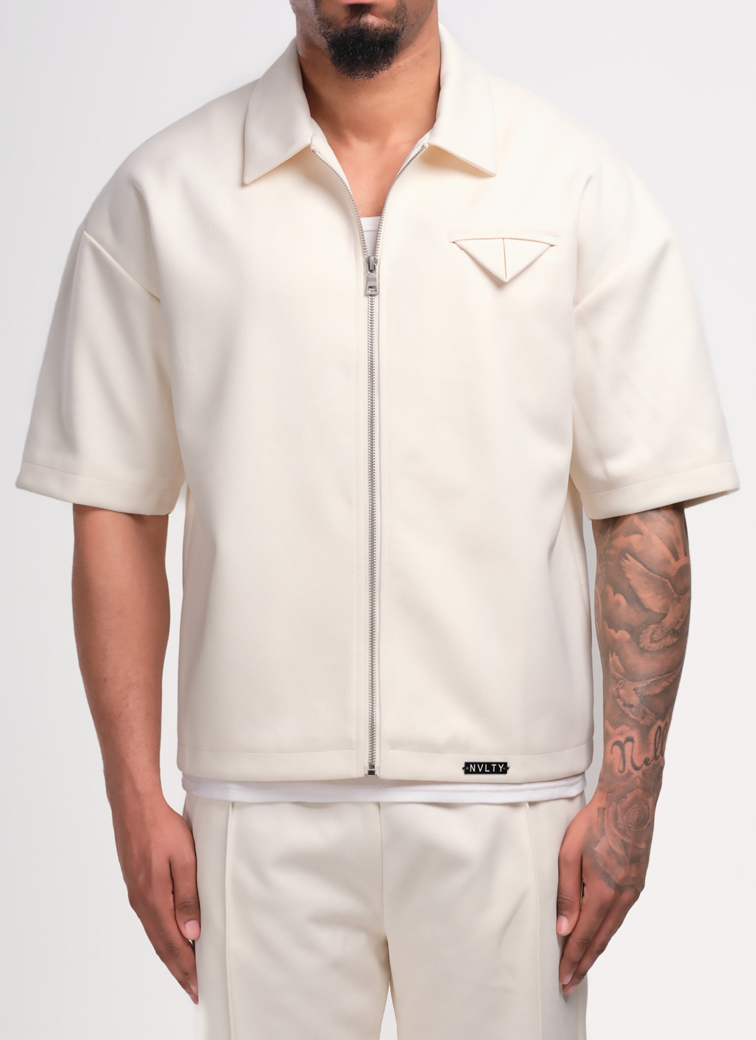 Twill-Hemd mit Einstecktuch - Elfenbein