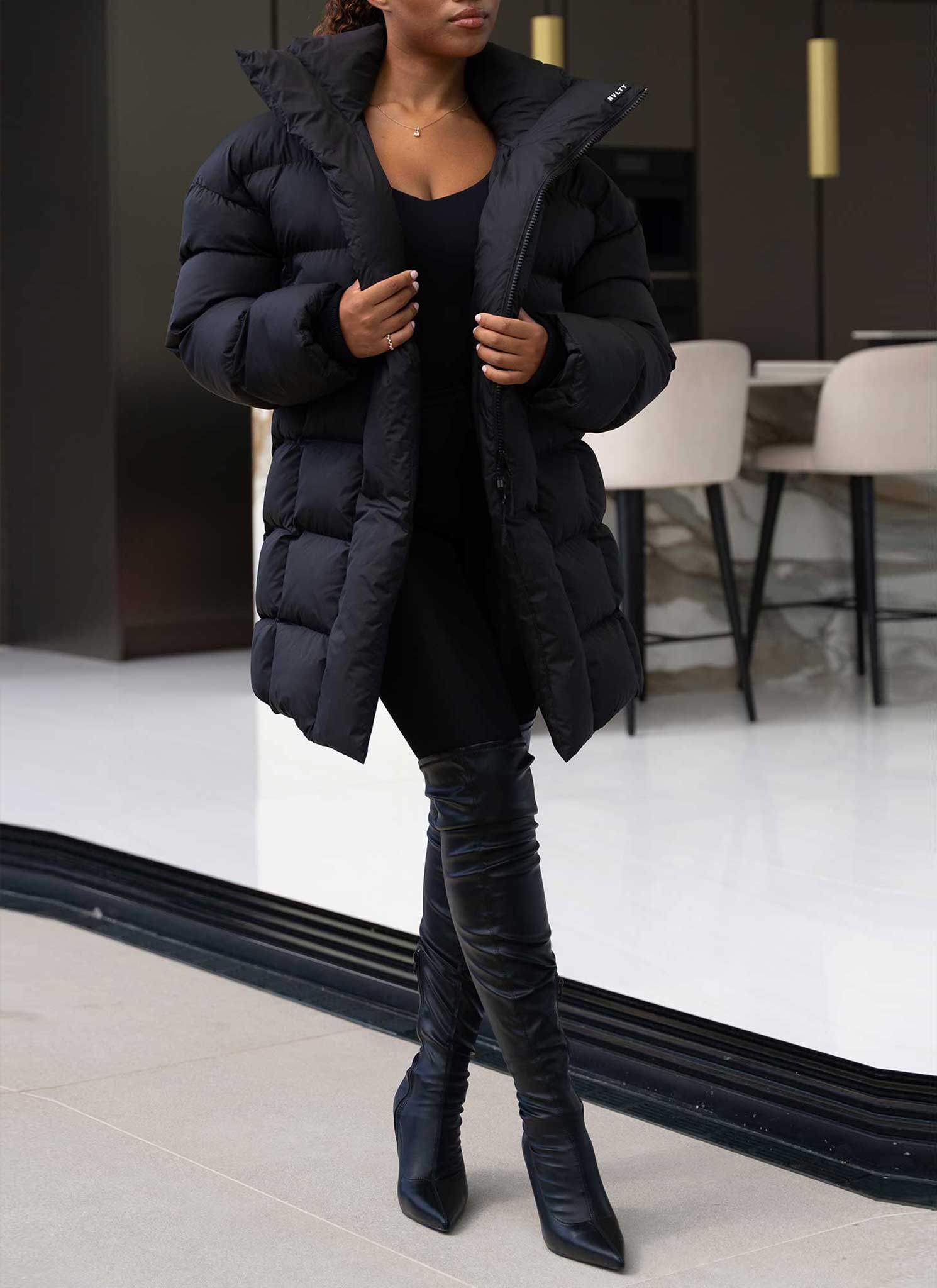 Vintage Long Shawl Collar Puffer Jacket - Black