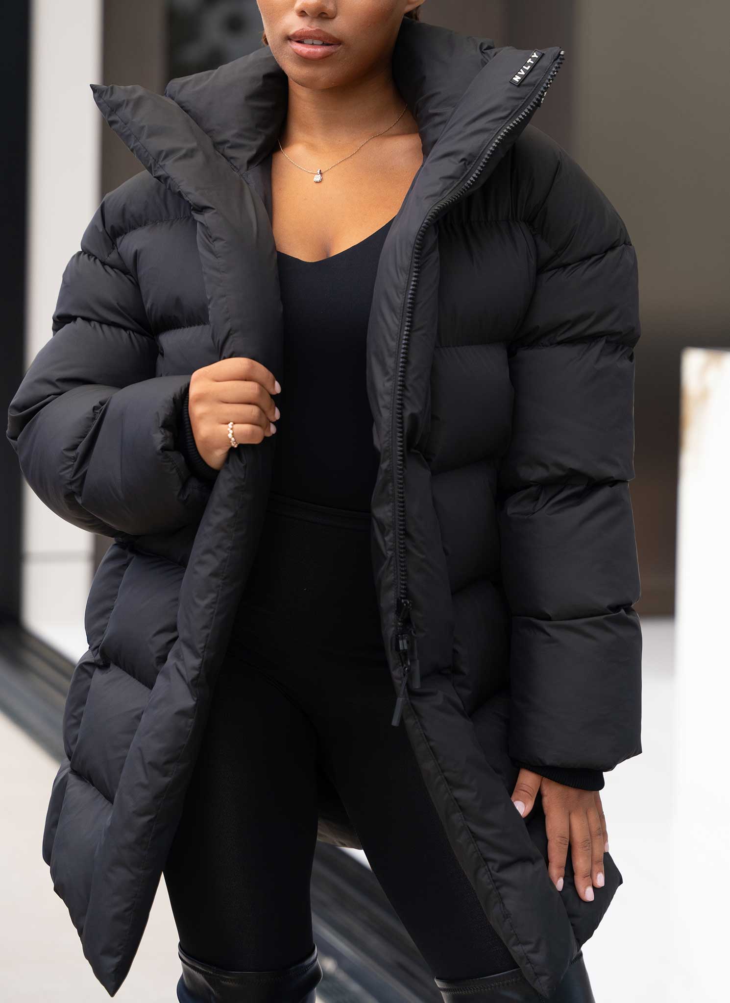 Vintage Long Shawl Collar Puffer Jacket - Black