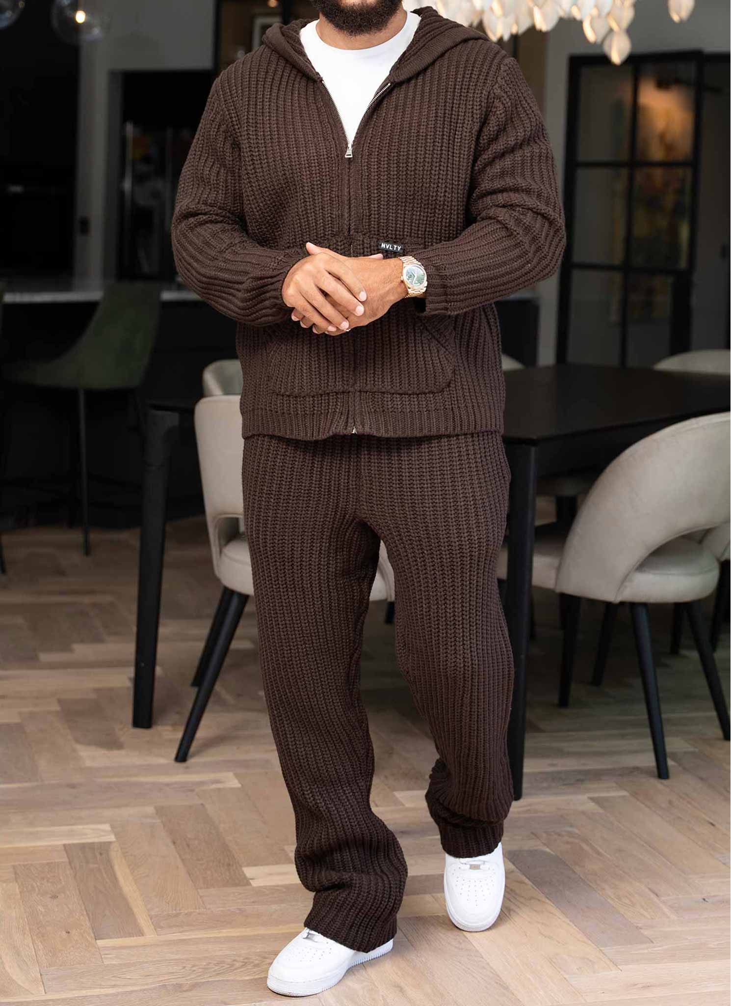 Heavyweight Knitted Zip Hoodie - Brown