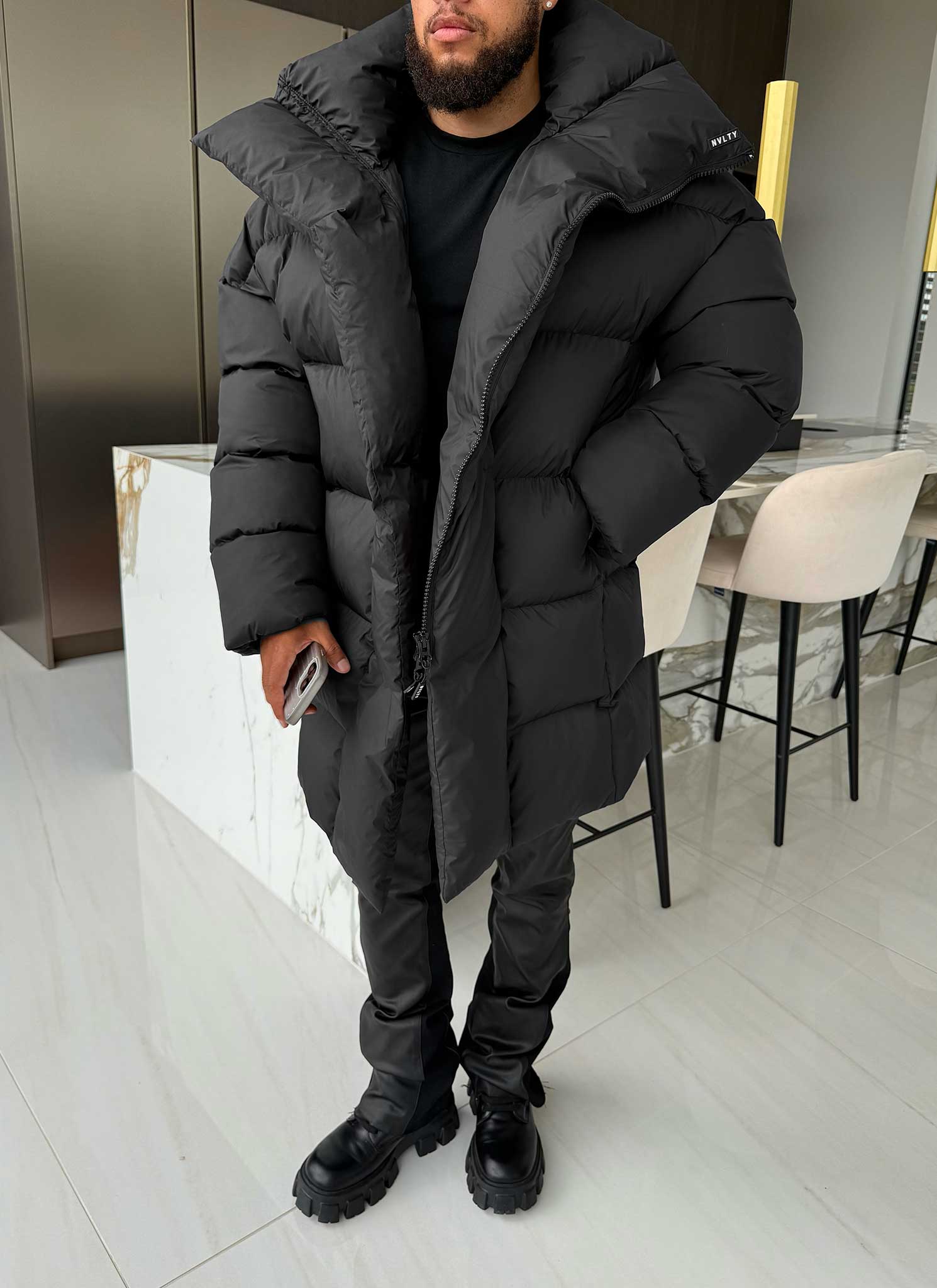 Vintage Long Shawl Collar Puffer Jacket - Black