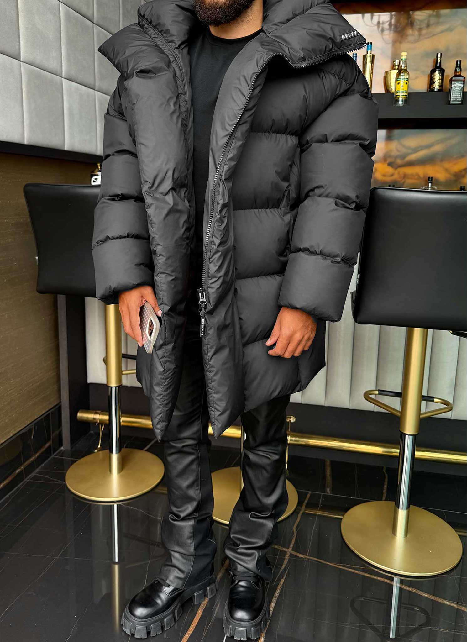 Vintage Long Shawl Collar Puffer Jacket - Black