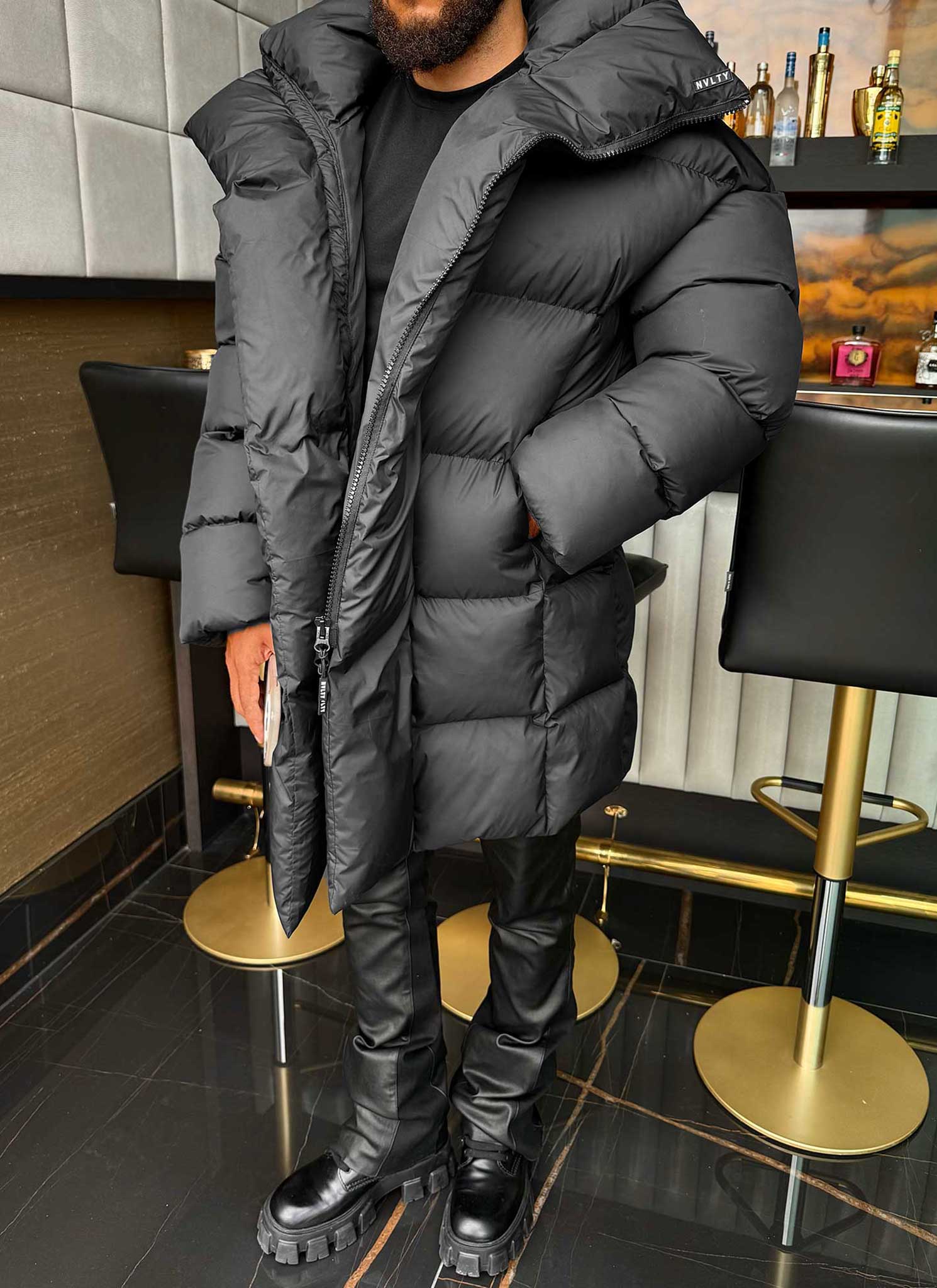 Vintage Long Shawl Collar Puffer Jacket - Black