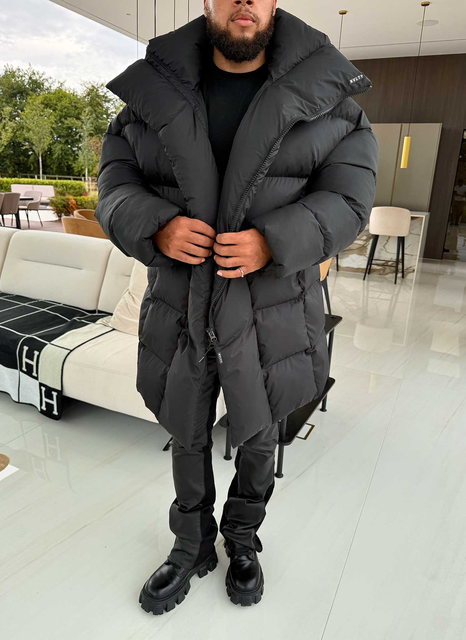 Vintage Long Shawl Collar Puffer Jacket - Black