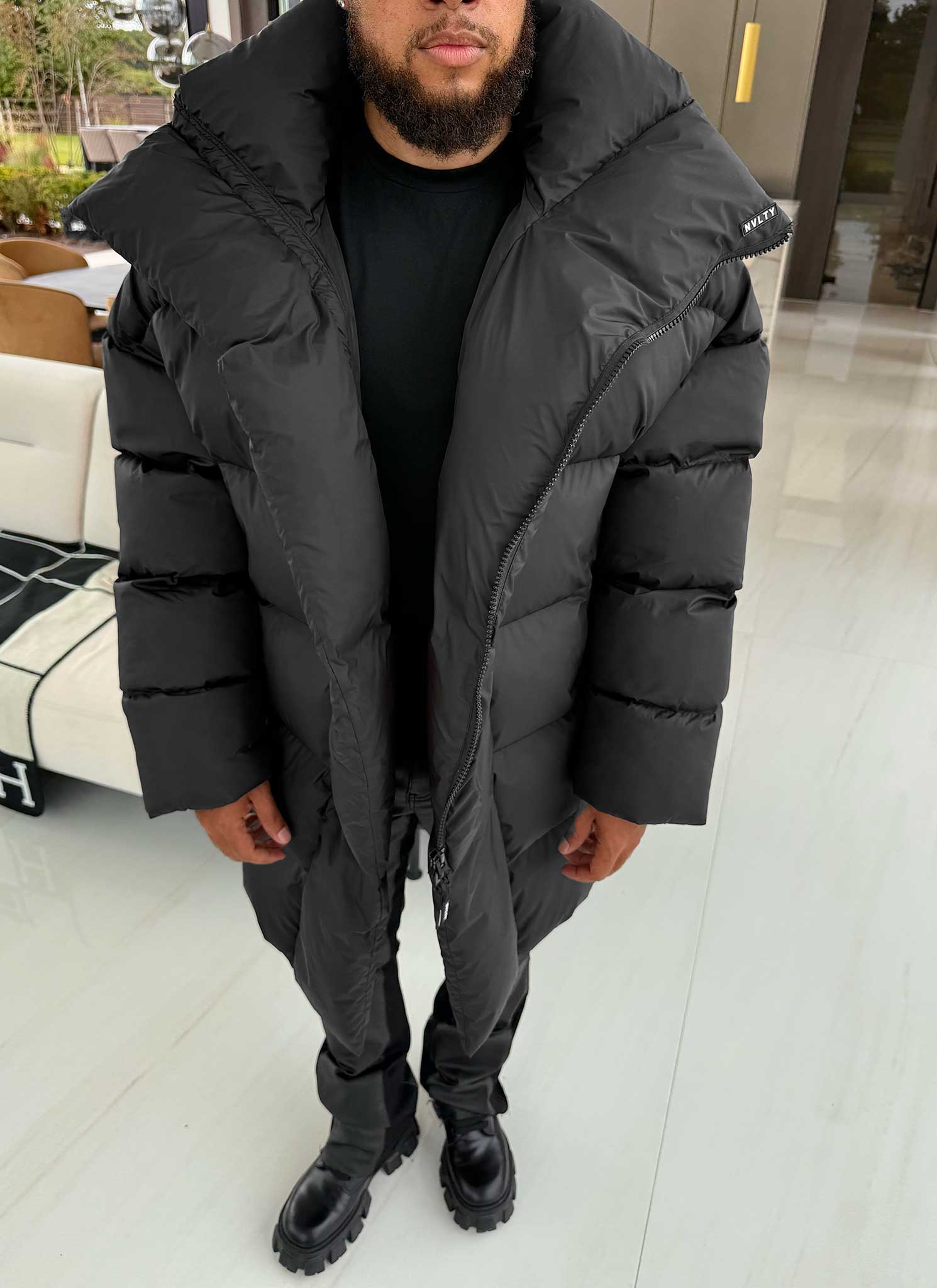 Vintage Long Shawl Collar Puffer Jacket - Black