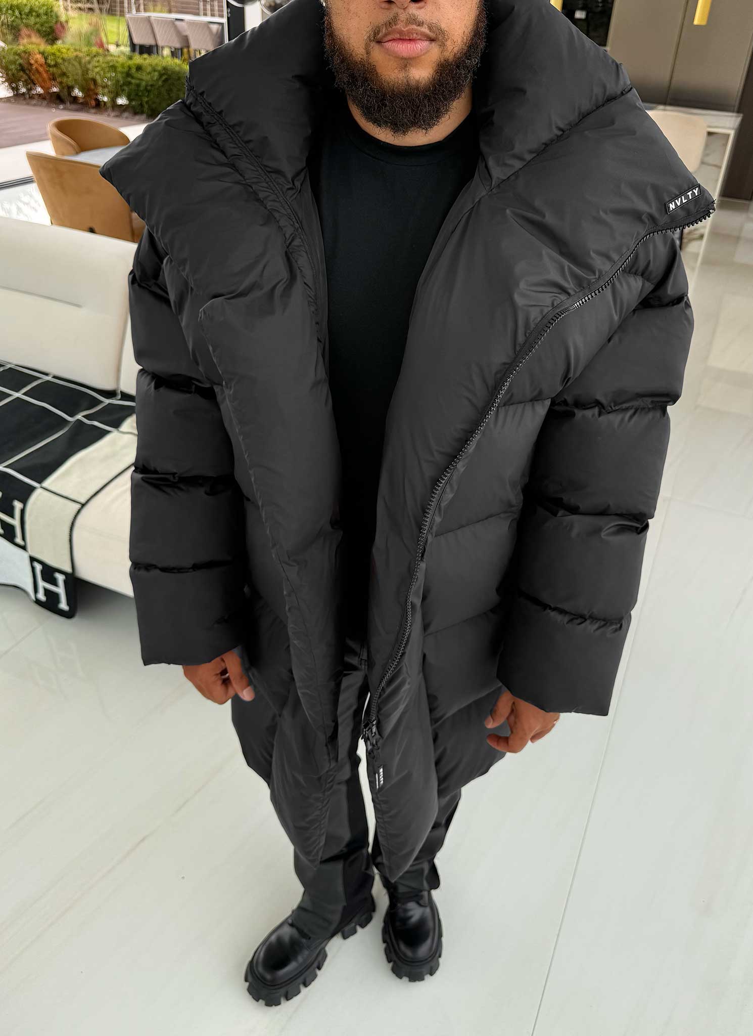 Vintage Long Shawl Collar Puffer Jacket - Black