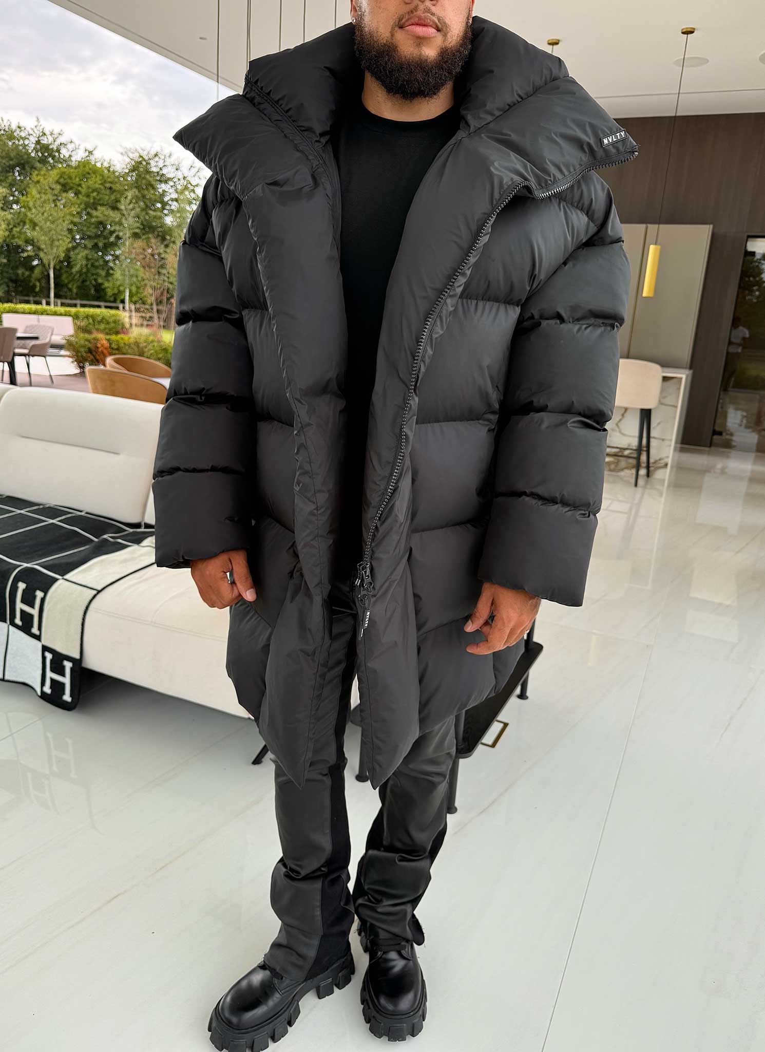 Vintage Long Shawl Collar Puffer Jacket - Black