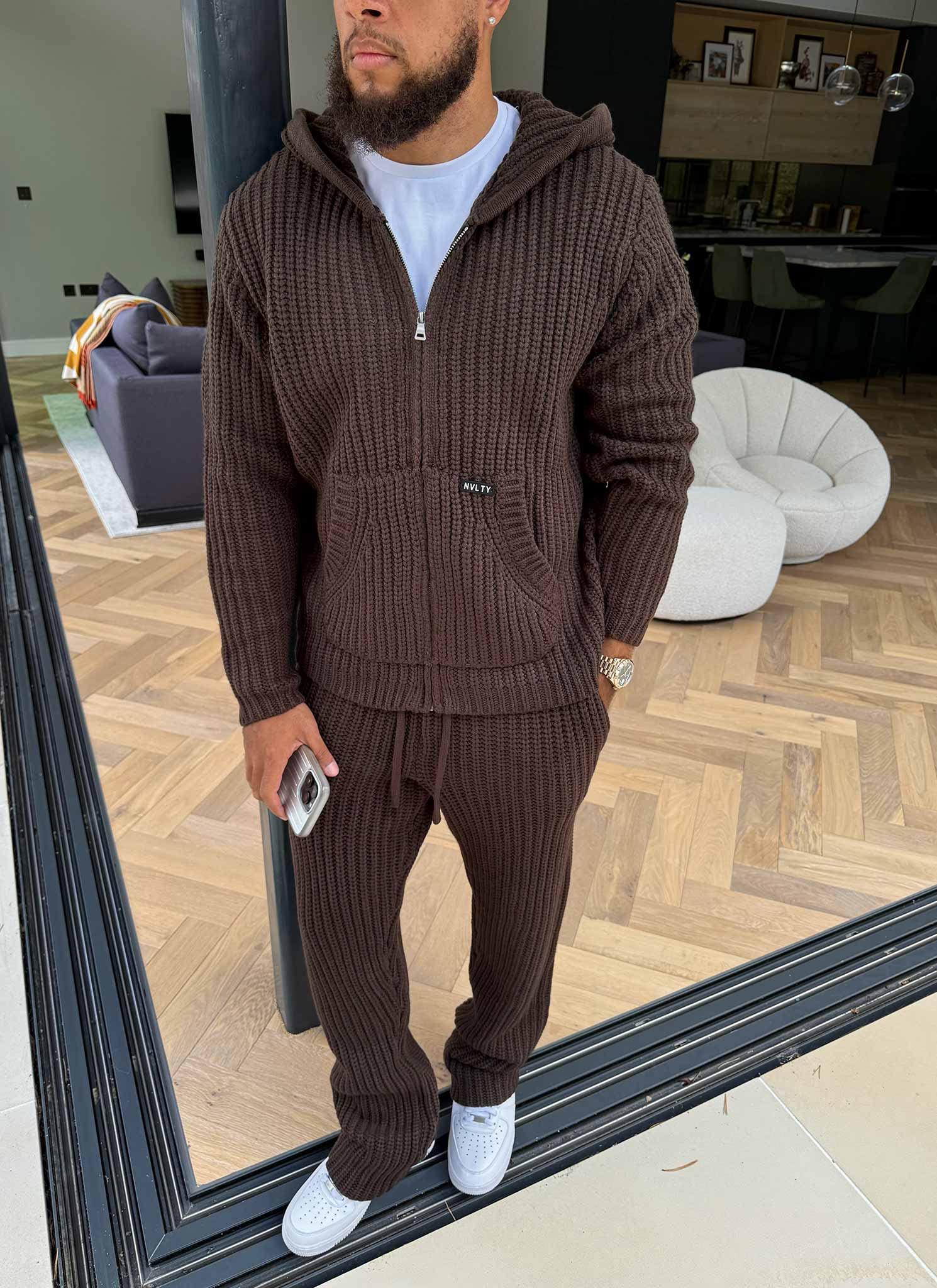 Heavyweight Knitted Zip Hoodie - Brown