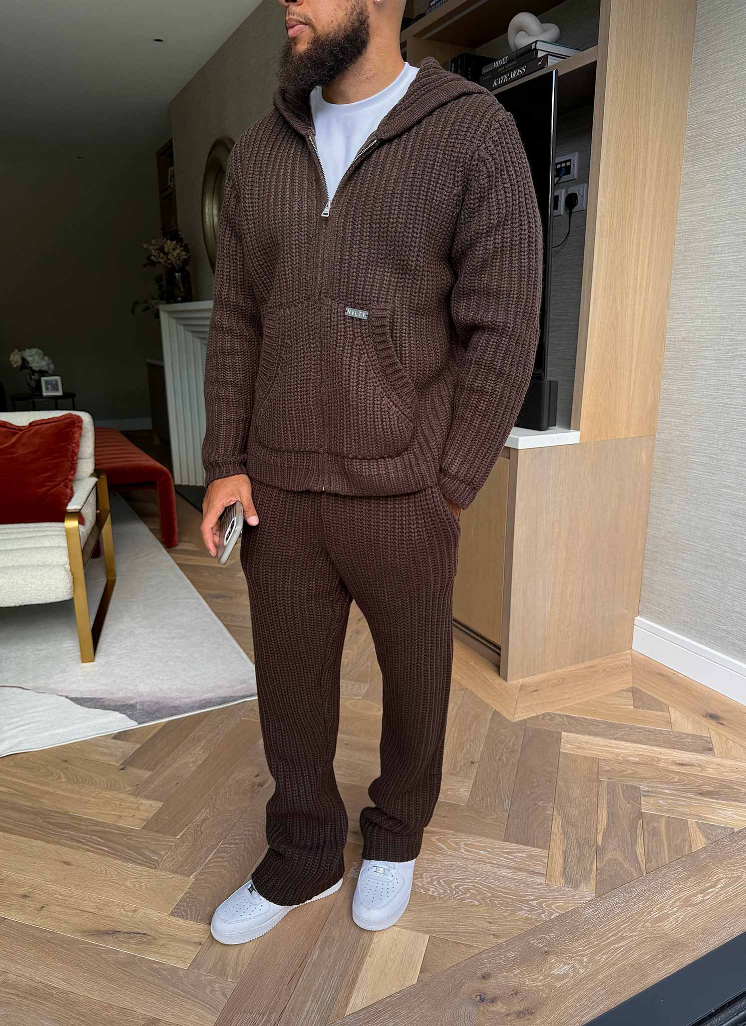 Heavyweight Knitted Zip Hoodie - Brown