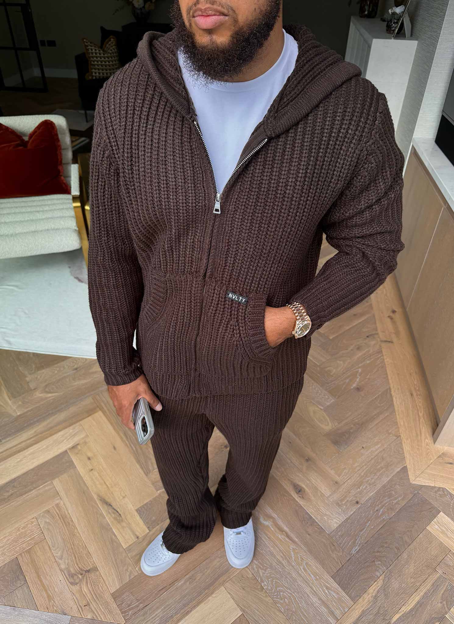 Heavyweight Knitted Zip Hoodie - Brown