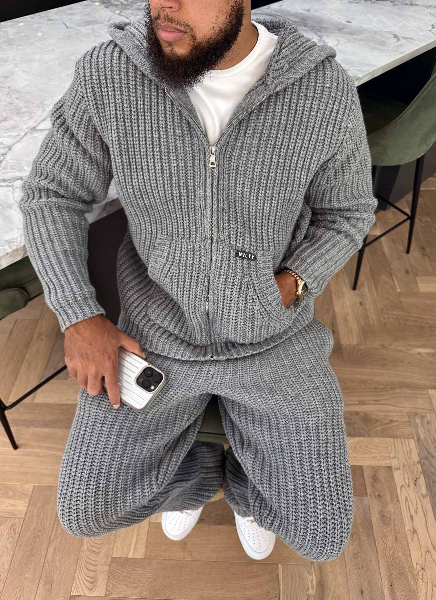 Heavyweight Knitted Zip Hoodie - Grey