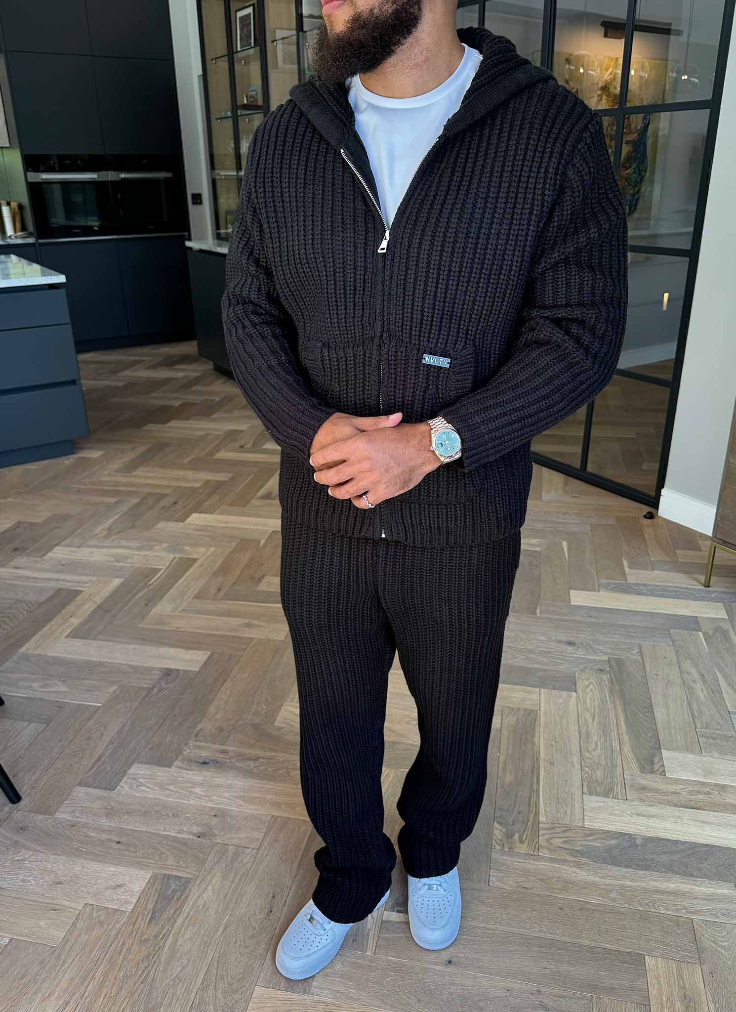 Heavyweight Knitted Zip Hoodie - Black