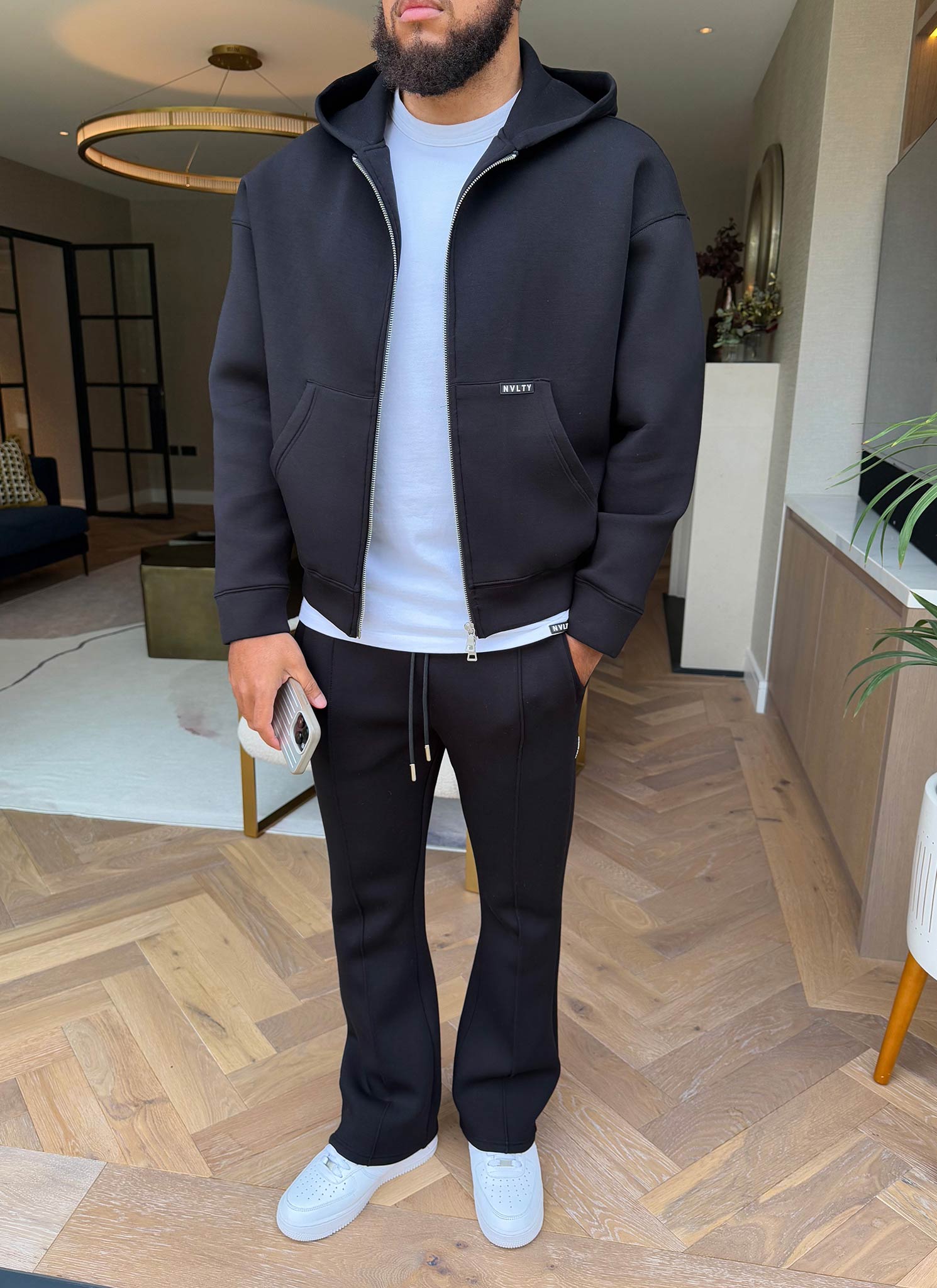 Strukturierter Scuba-Kapuzenpullover mit Reißverschluss - Schwarz