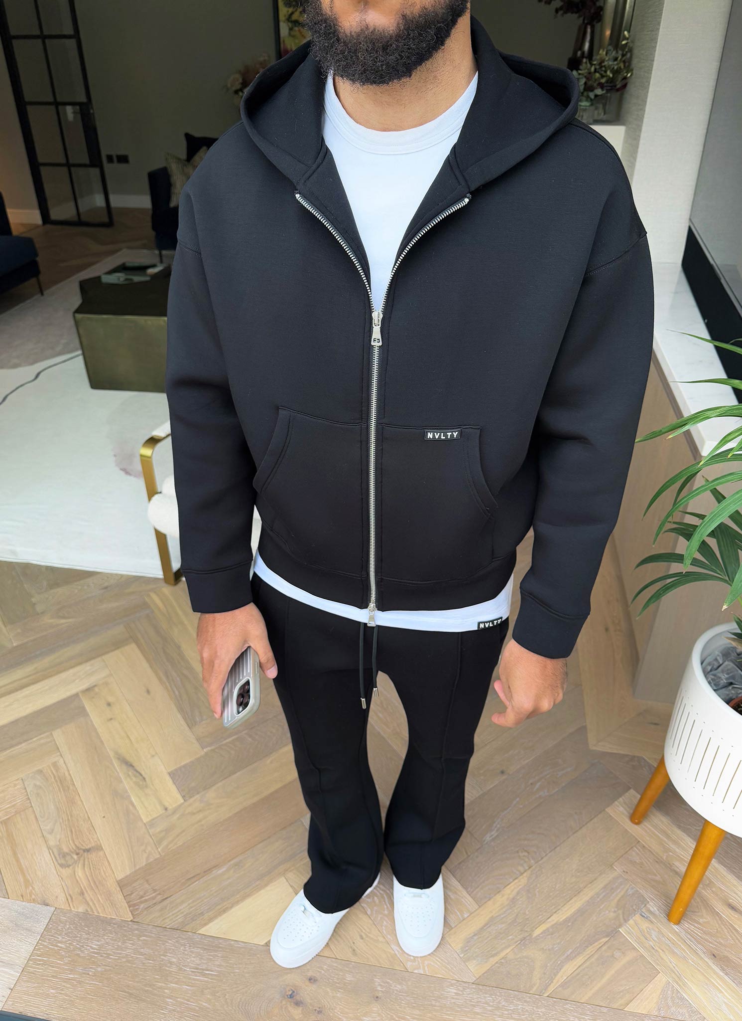 Strukturierter Scuba-Kapuzenpullover mit Reißverschluss - Schwarz