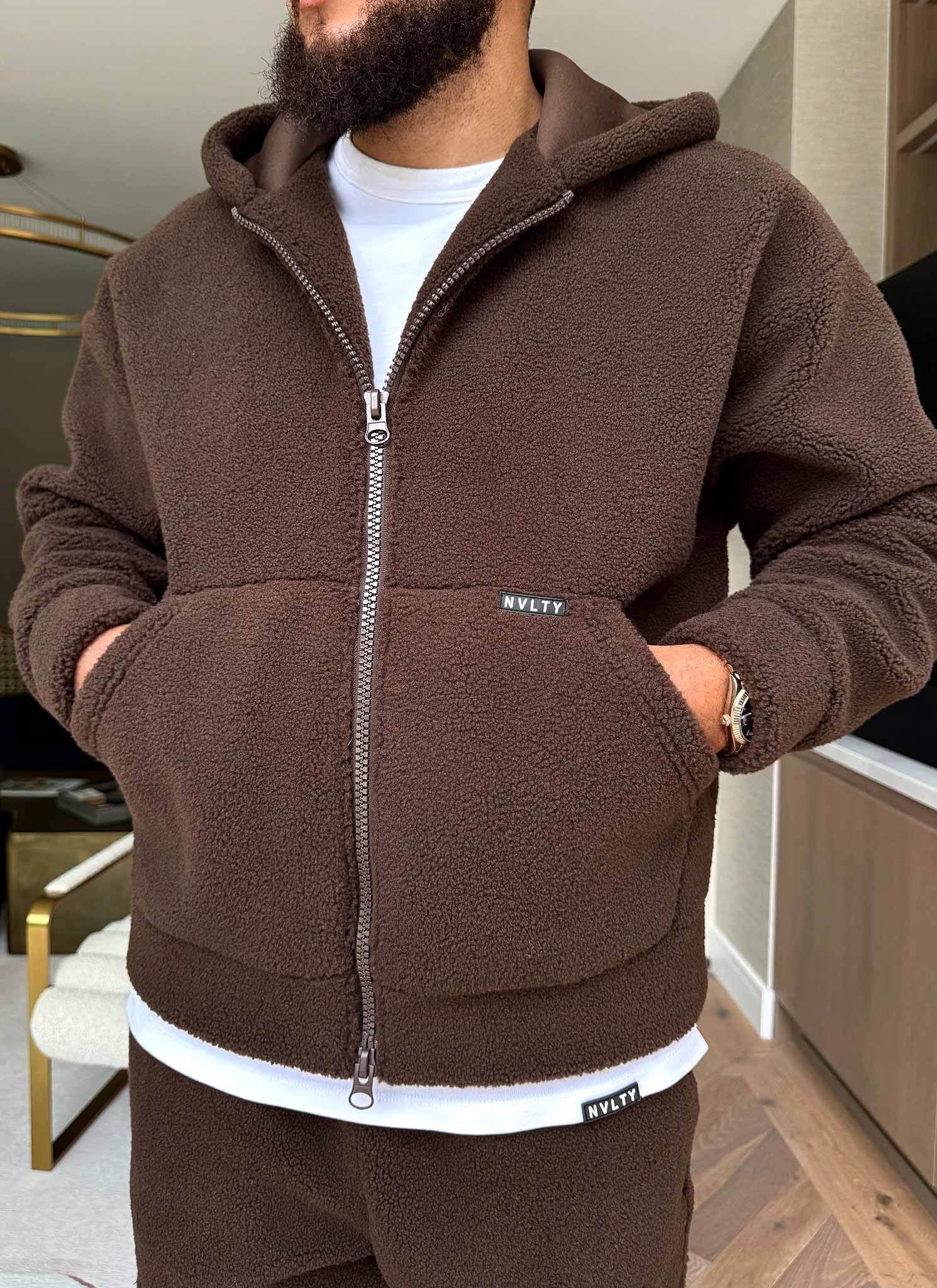 Sherpa Zip Hoodie - Brown