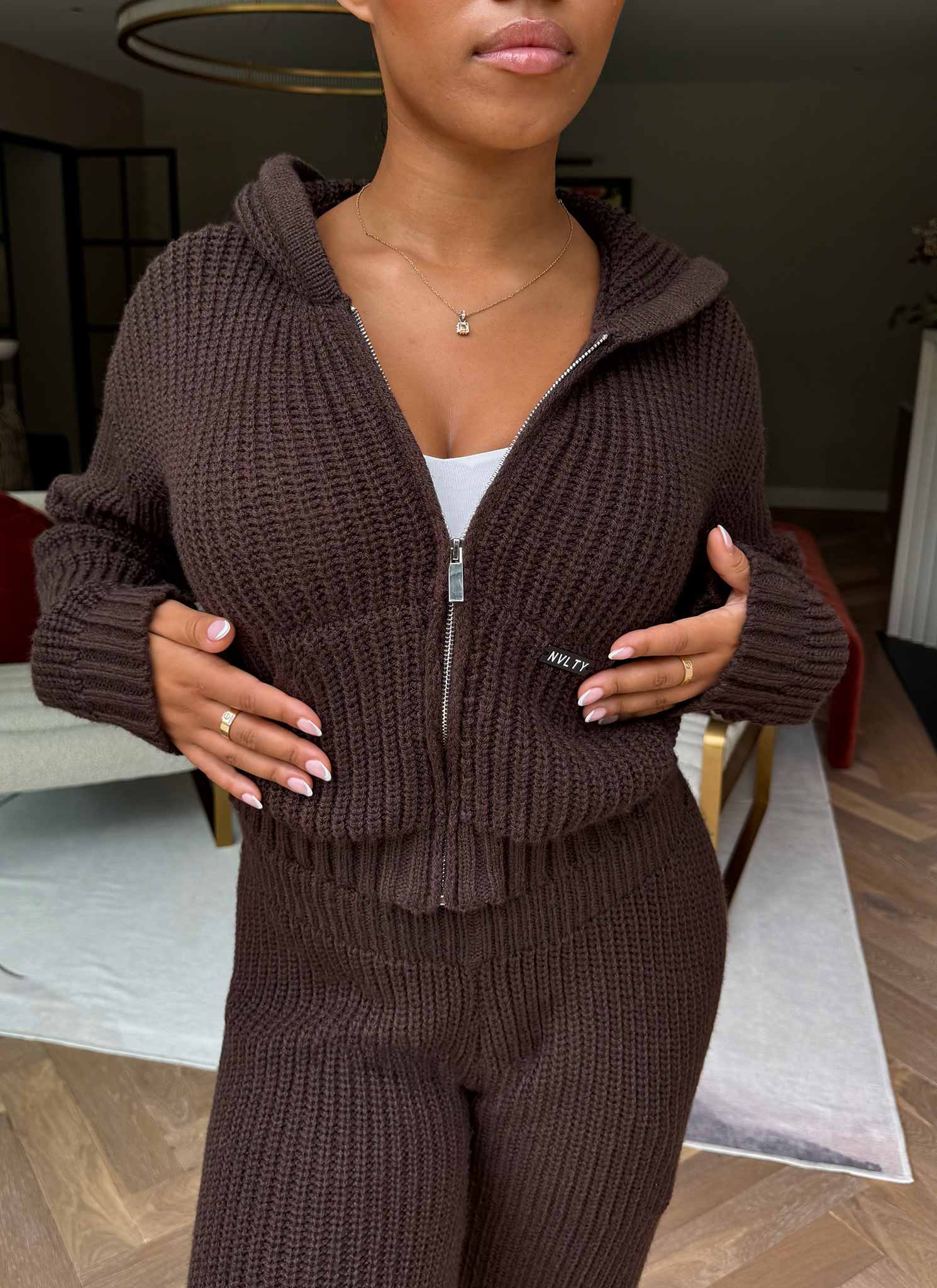 Heavyweight Knitted Zip Hoodie - Brown