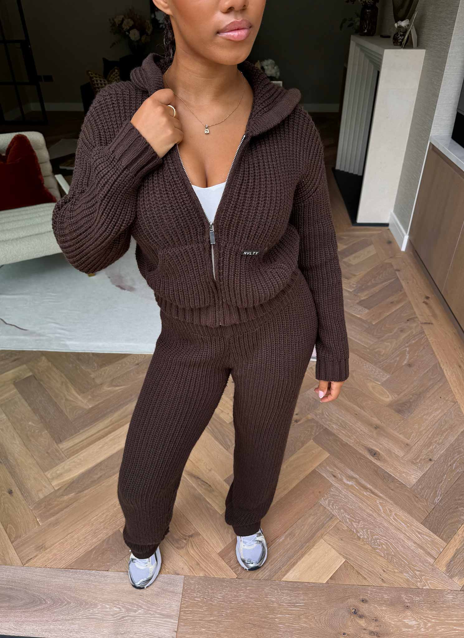 Heavyweight Knitted Zip Hoodie - Brown