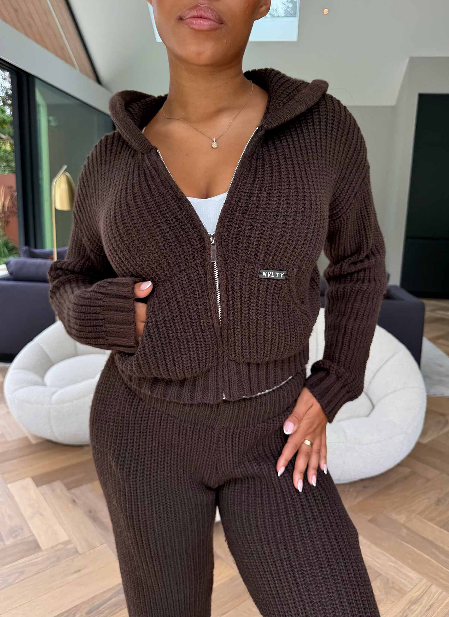 Heavyweight Knitted Zip Hoodie - Brown