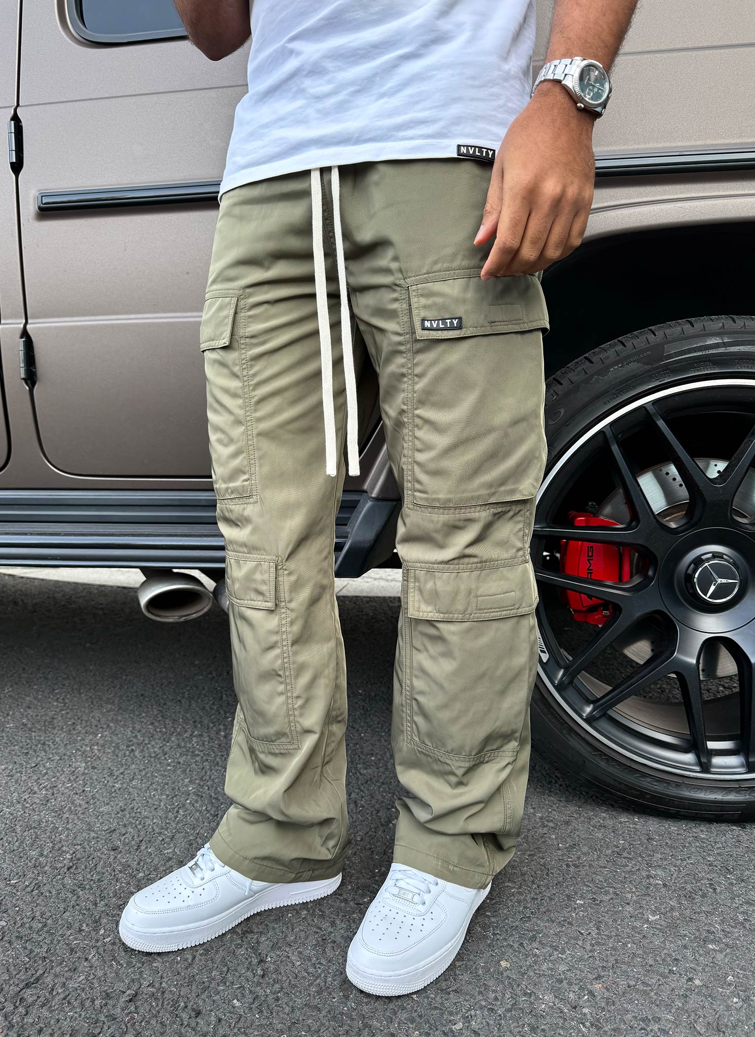 Nylon Double Pocket Cargo Pants - Khaki