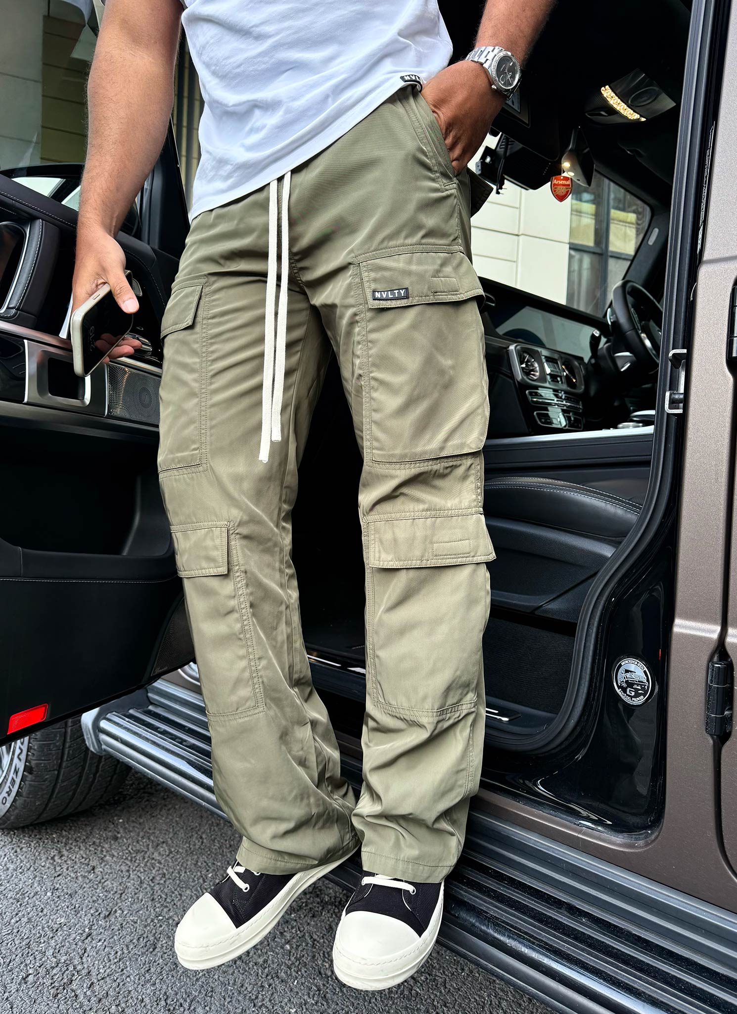 Nylon Double Pocket Cargo Pants - Khaki