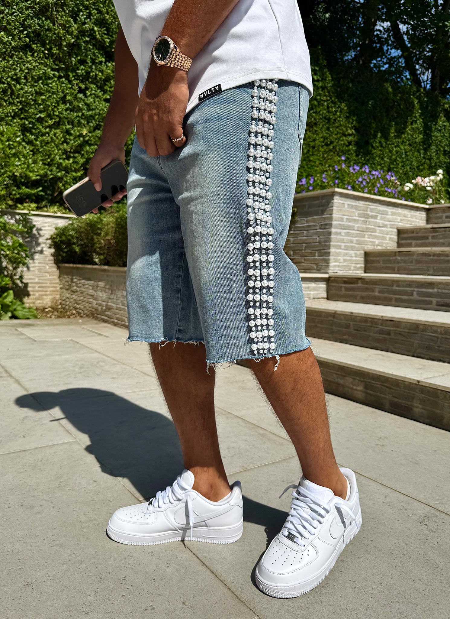 Vintage Pearl Denim Shorts - Blue