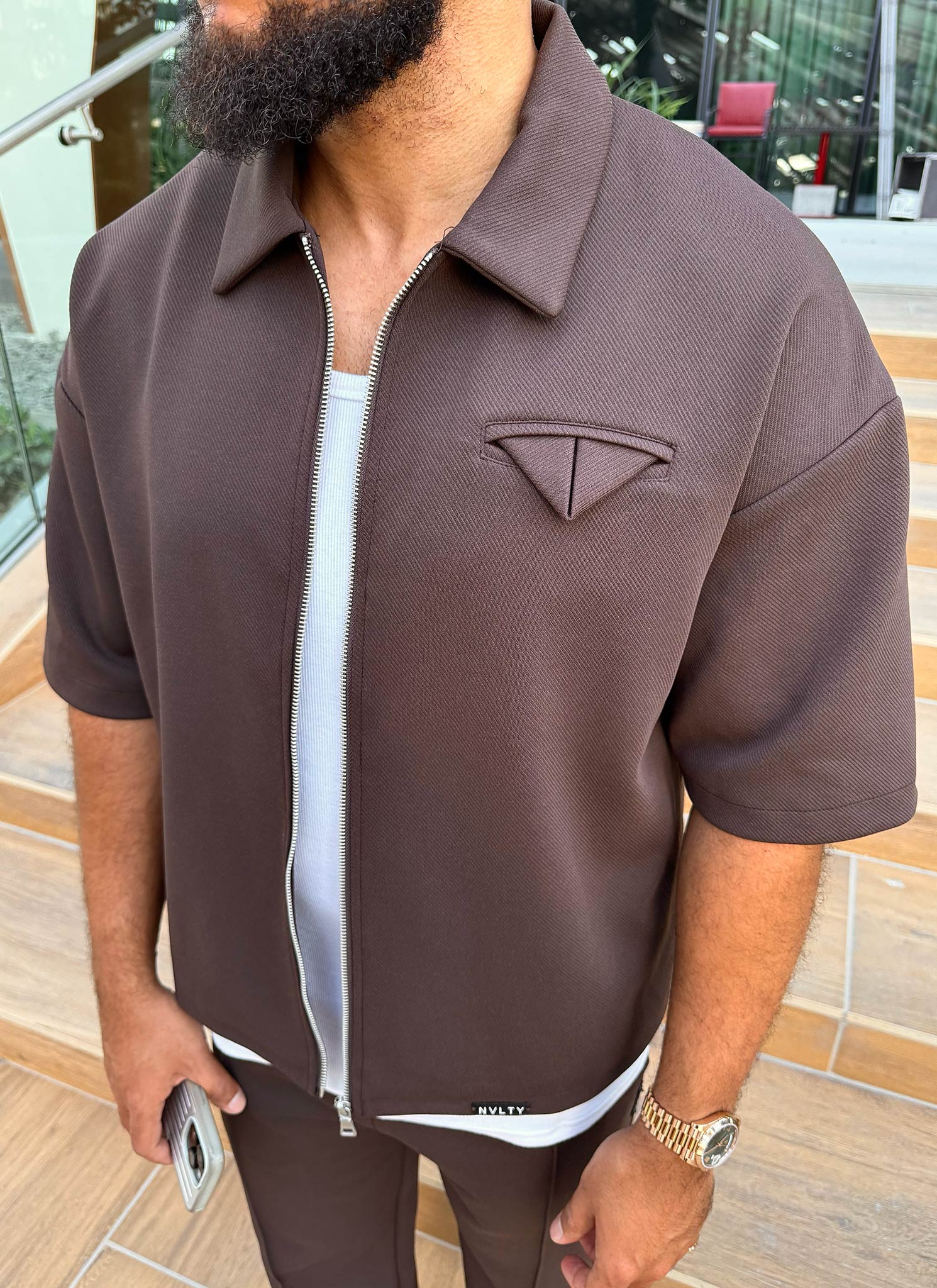 Twill Pocket Square Shirt - Brown