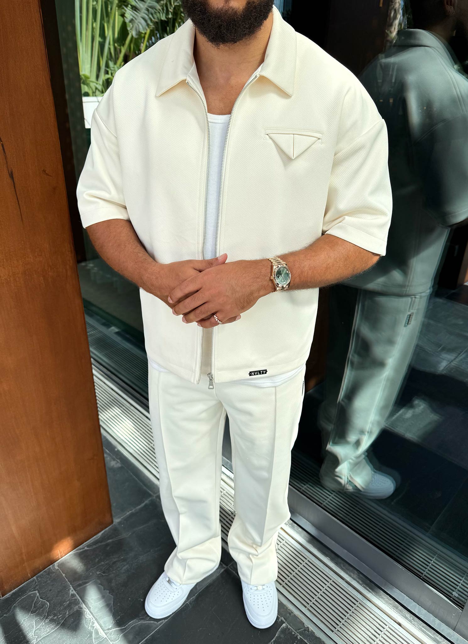 Twill-Hemd mit Einstecktuch - Elfenbein