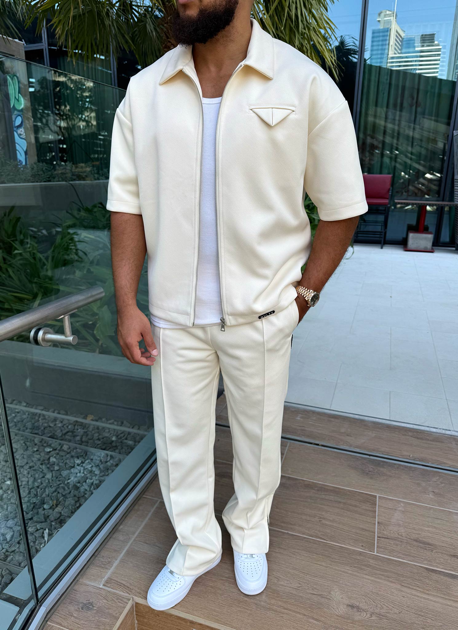 Twill-Hemd mit Einstecktuch - Elfenbein