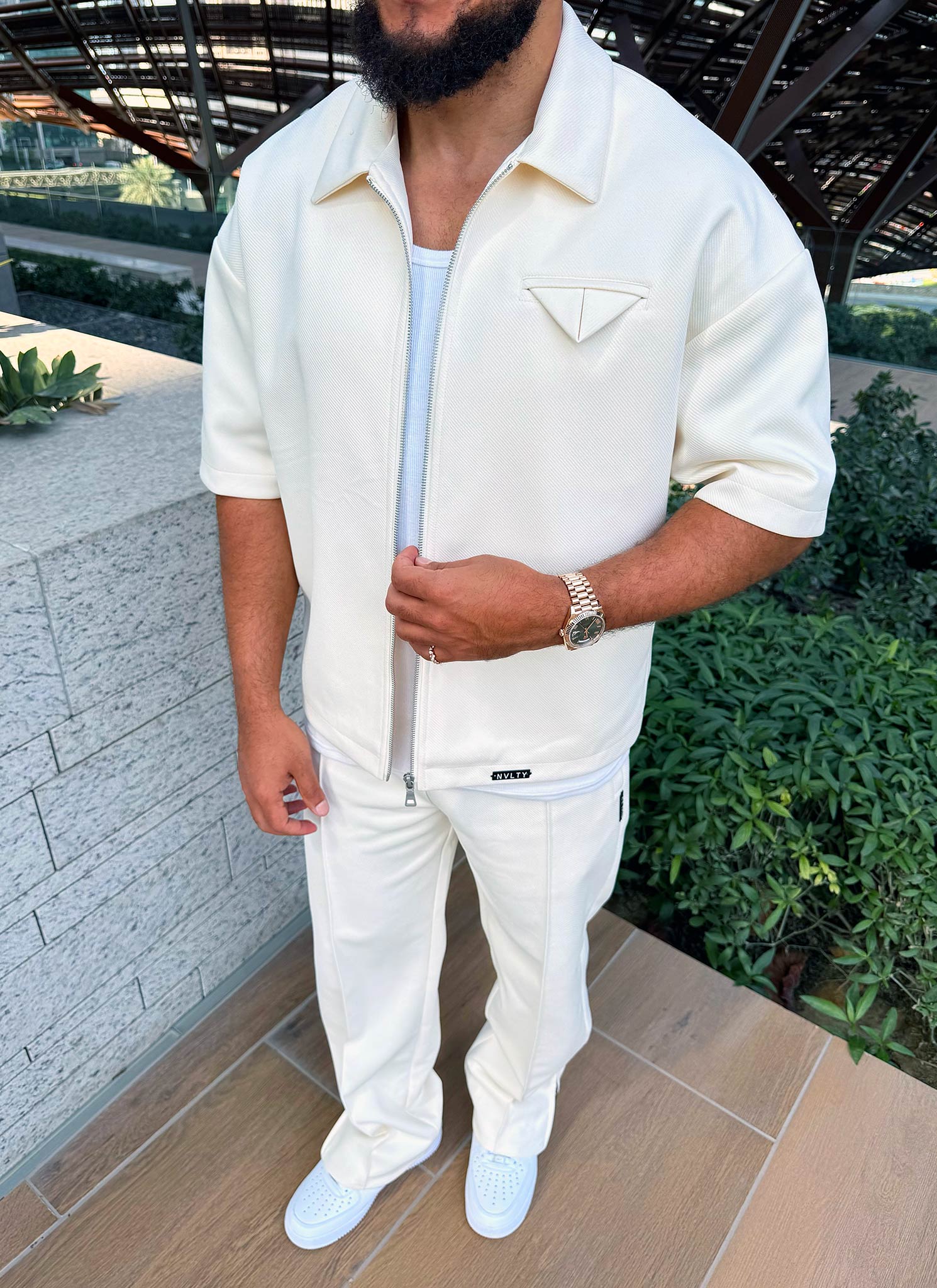 Twill-Hemd mit Einstecktuch - Elfenbein