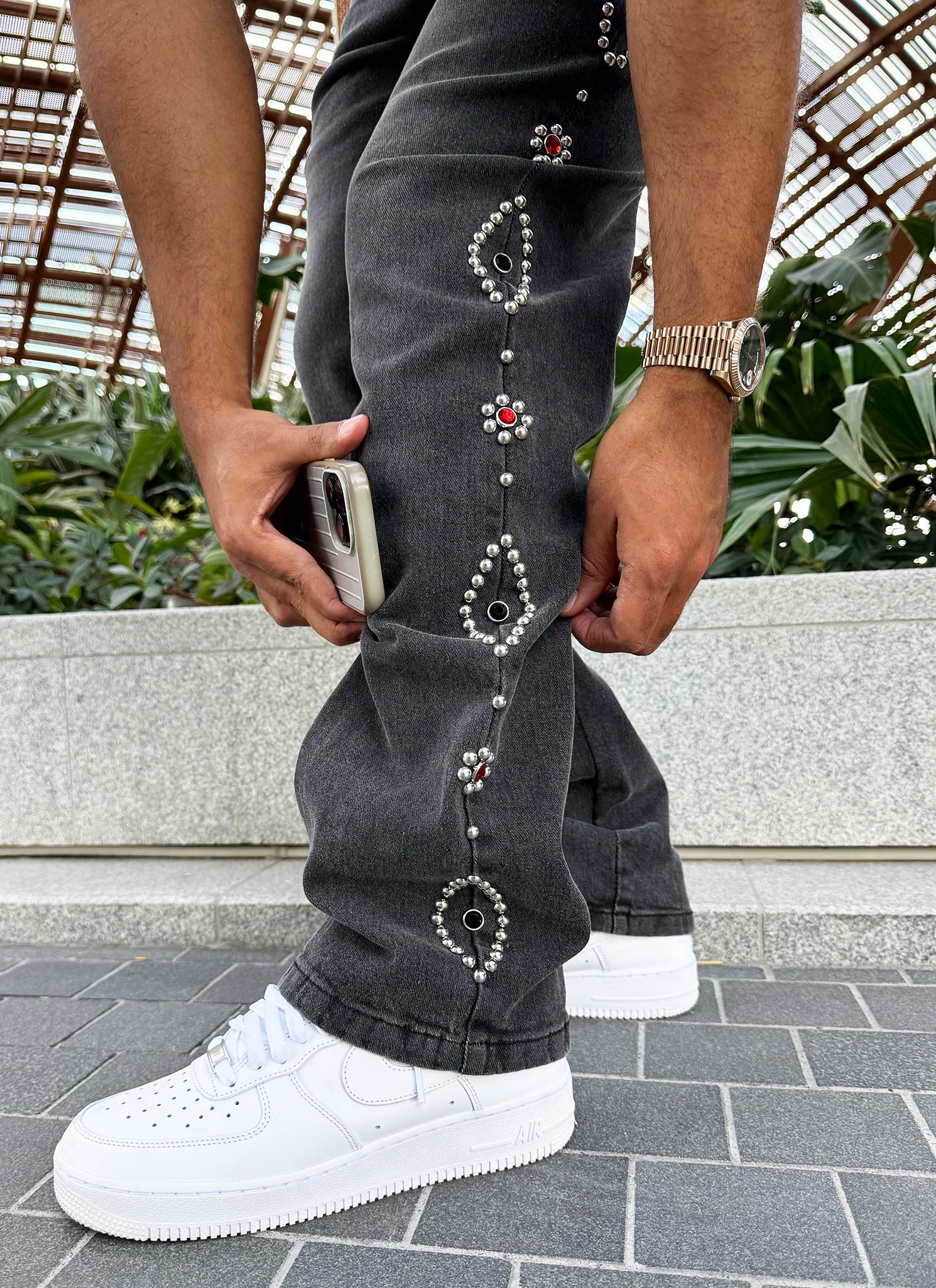 Vintage Studded Jeans - Grey