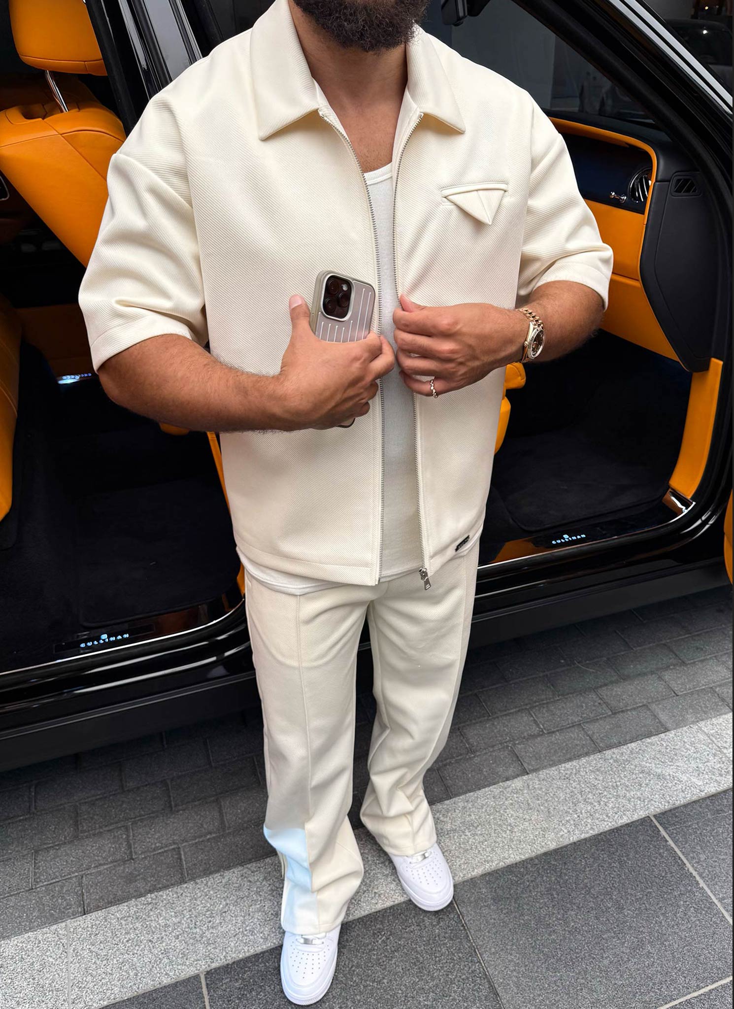 Twill-Hemd mit Einstecktuch - Elfenbein