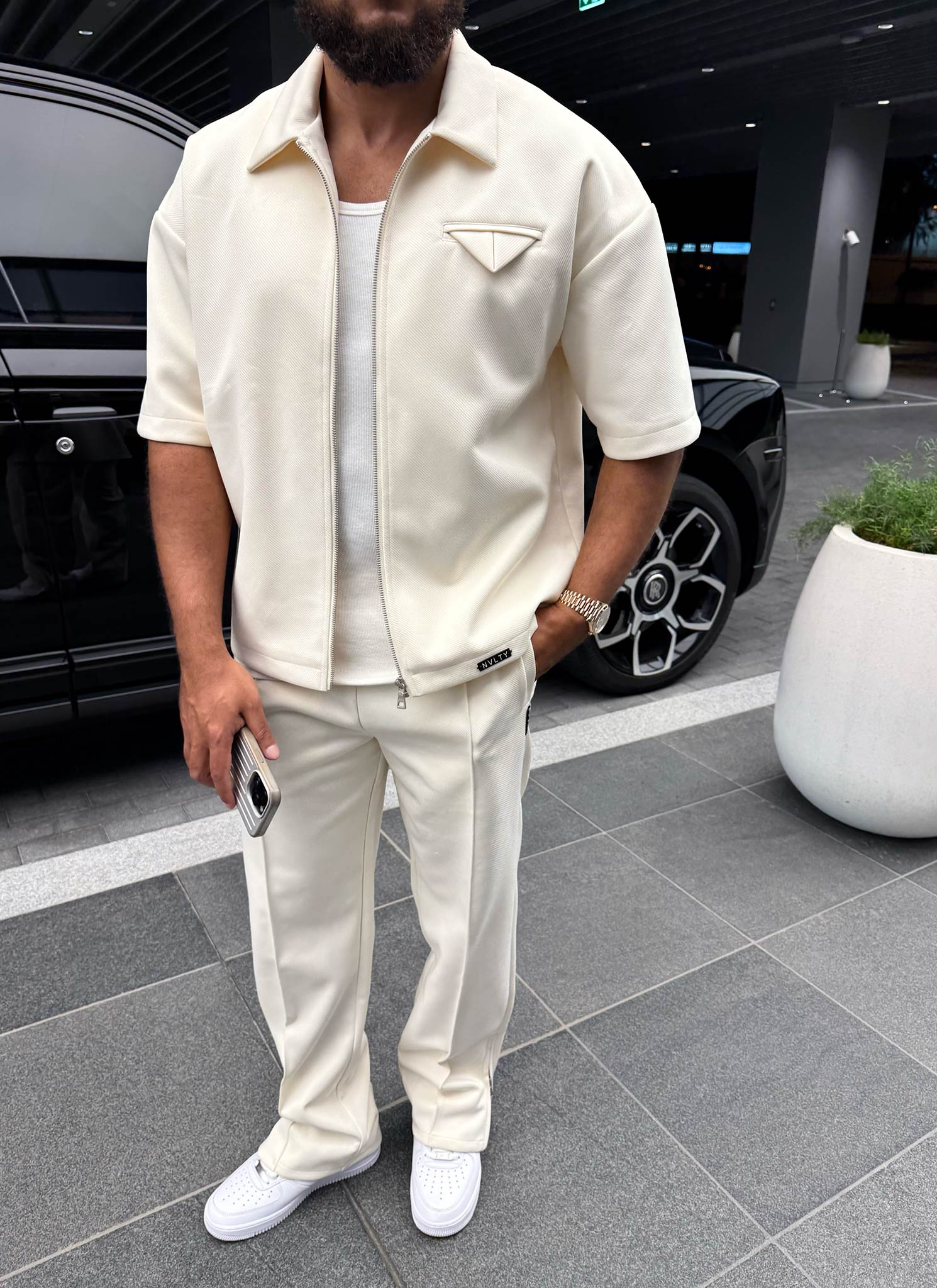 Twill-Hemd mit Einstecktuch - Elfenbein