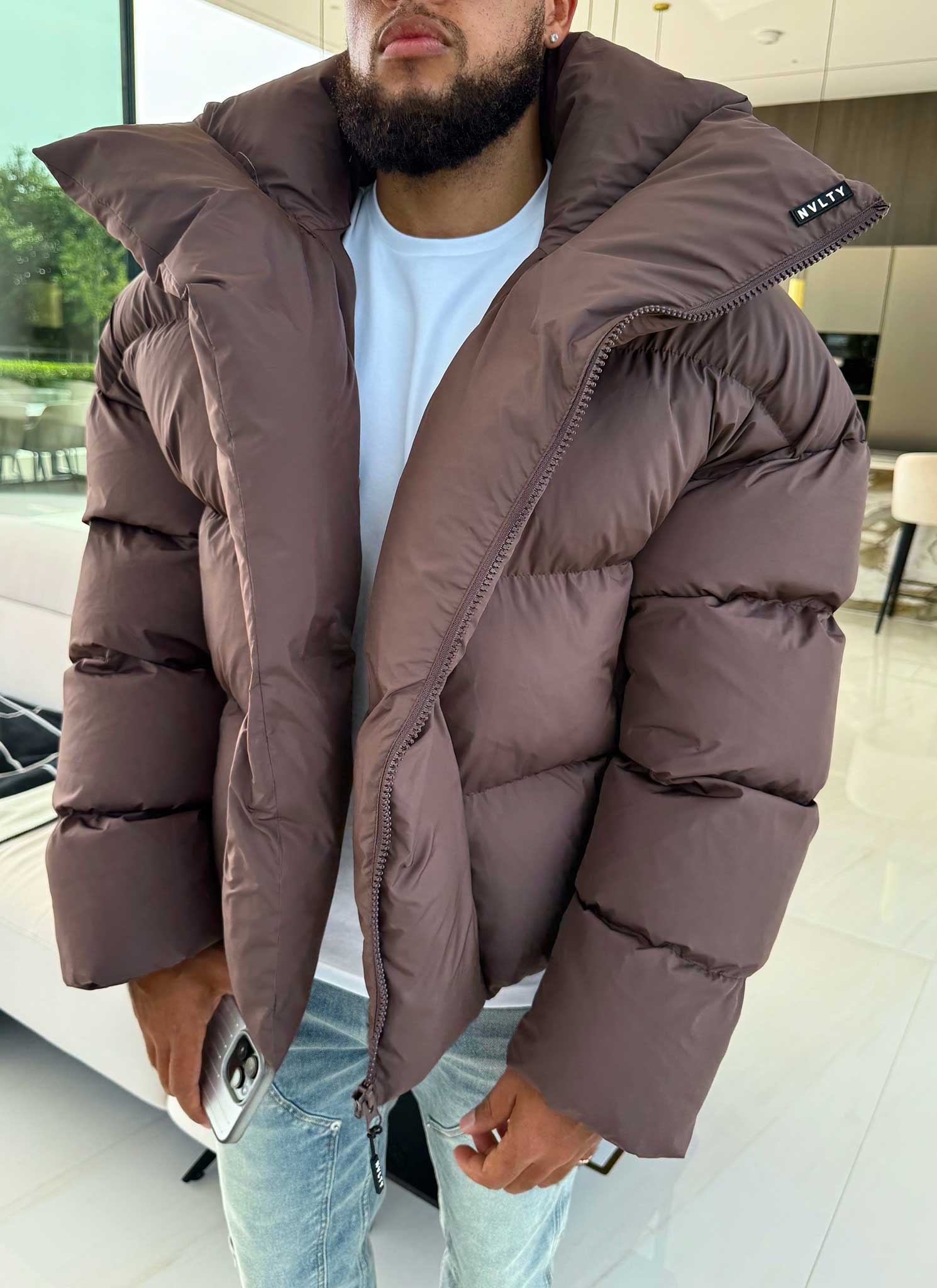 Vintage Shawl Collar Puffer Jacket - Brown