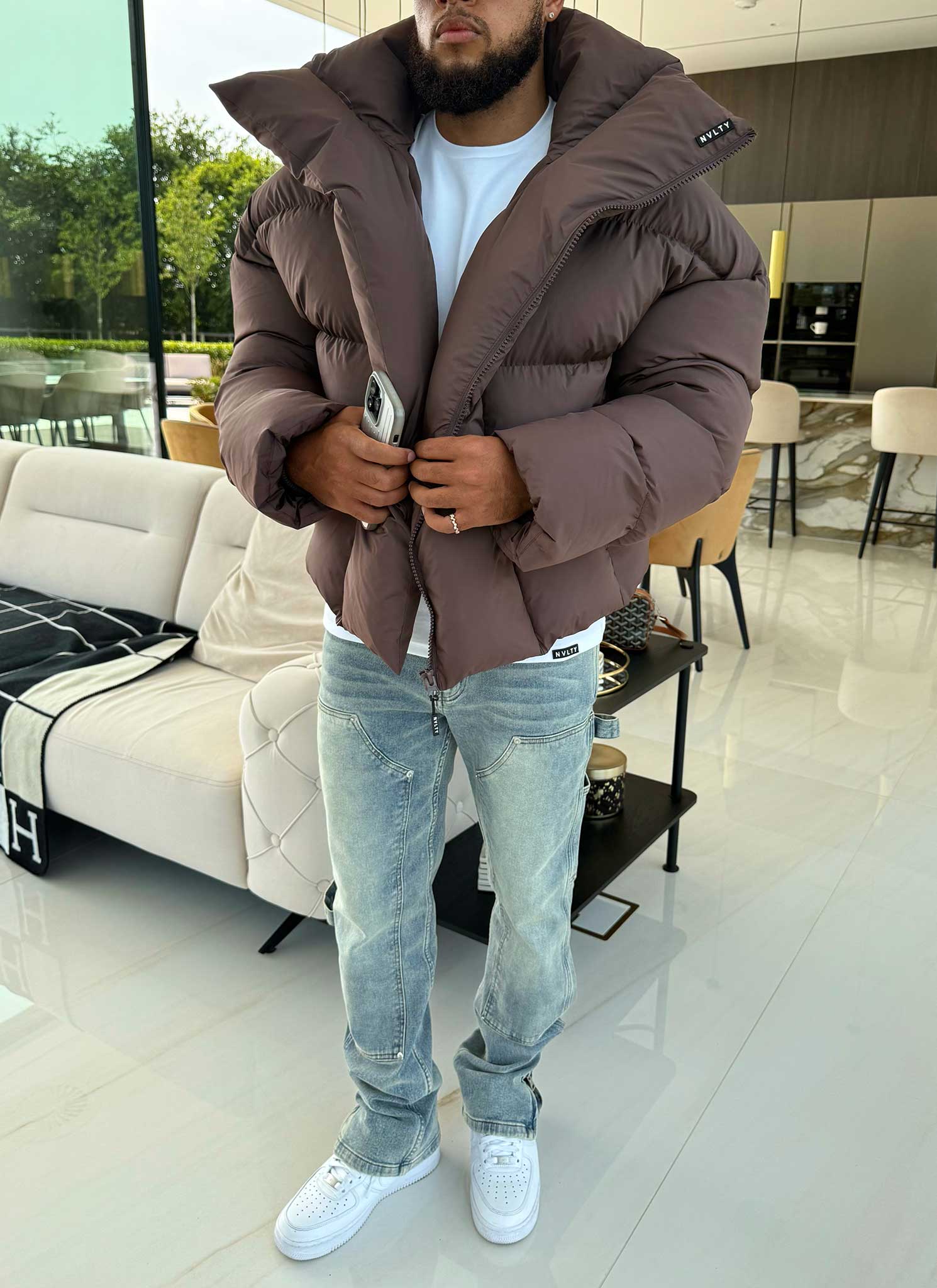 Vintage Shawl Collar Puffer Jacket - Brown