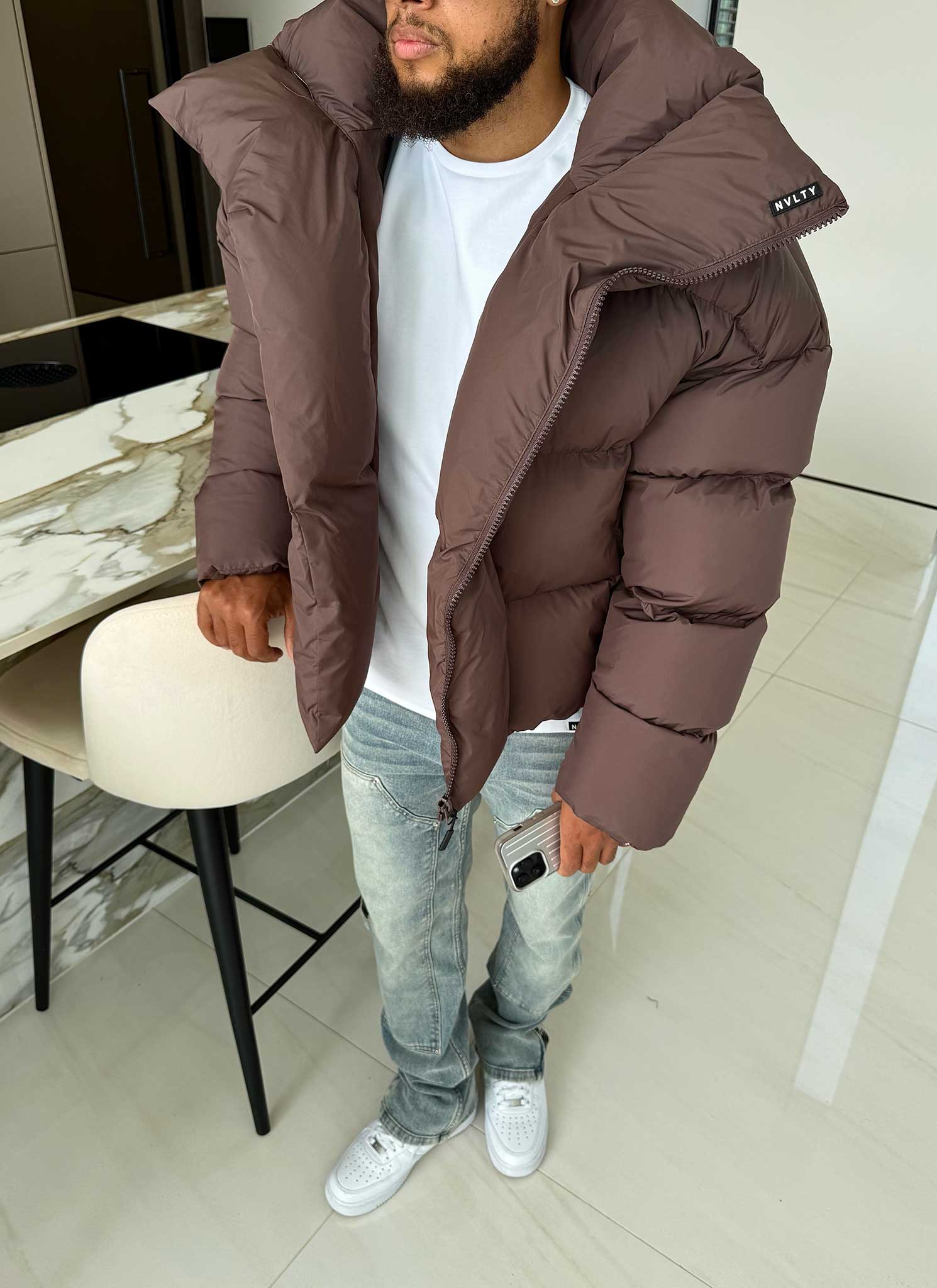 Vintage Shawl Collar Puffer Jacket - Brown