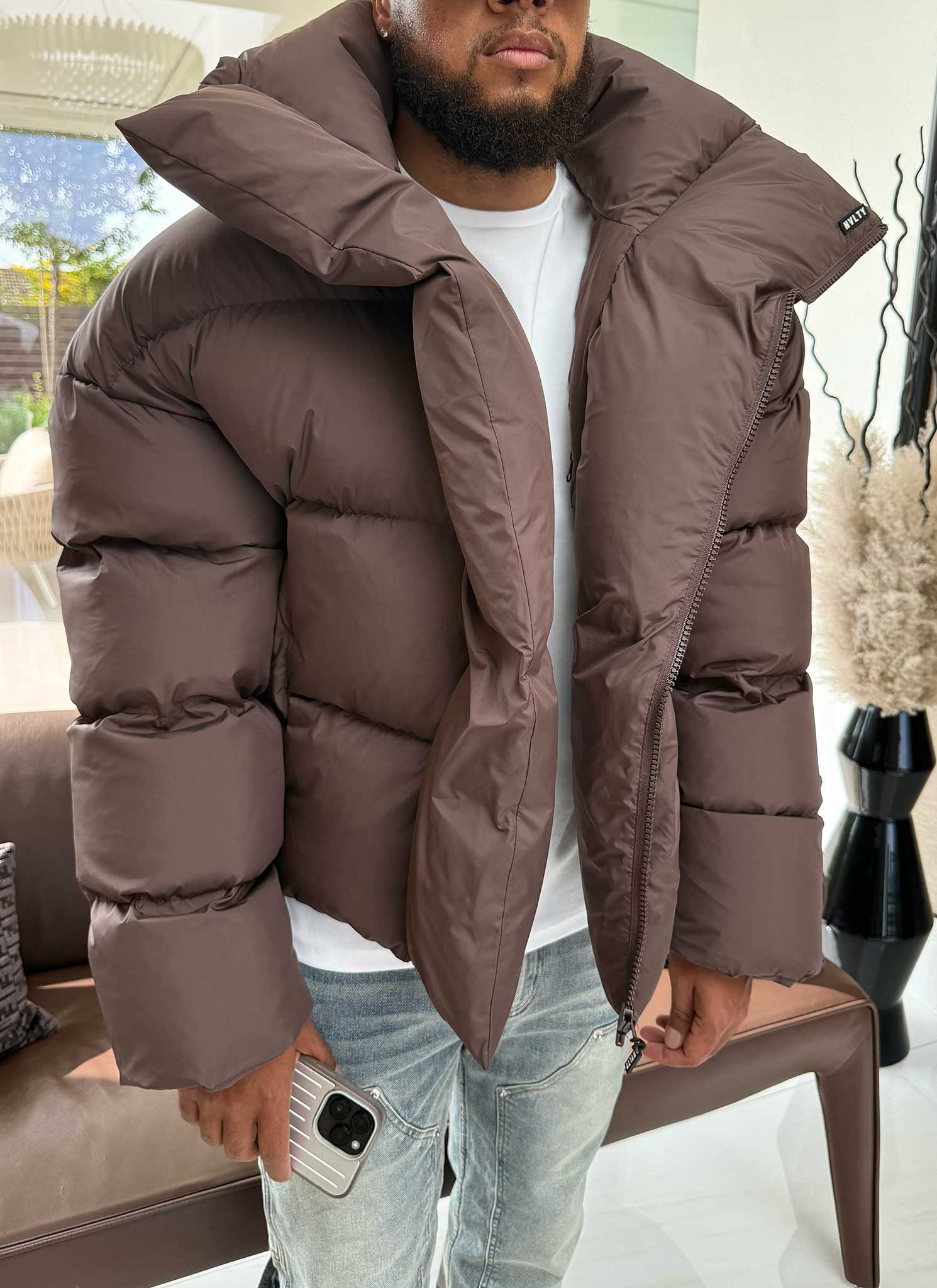 Vintage Shawl Collar Puffer Jacket - Brown