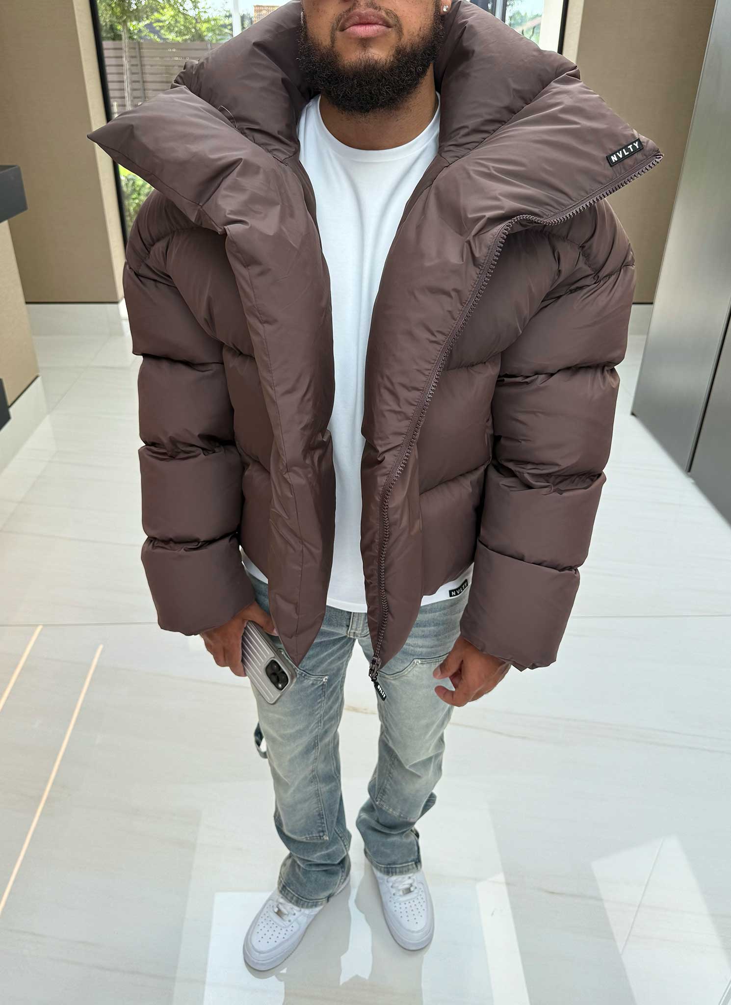 Vintage Shawl Collar Puffer Jacket - Brown