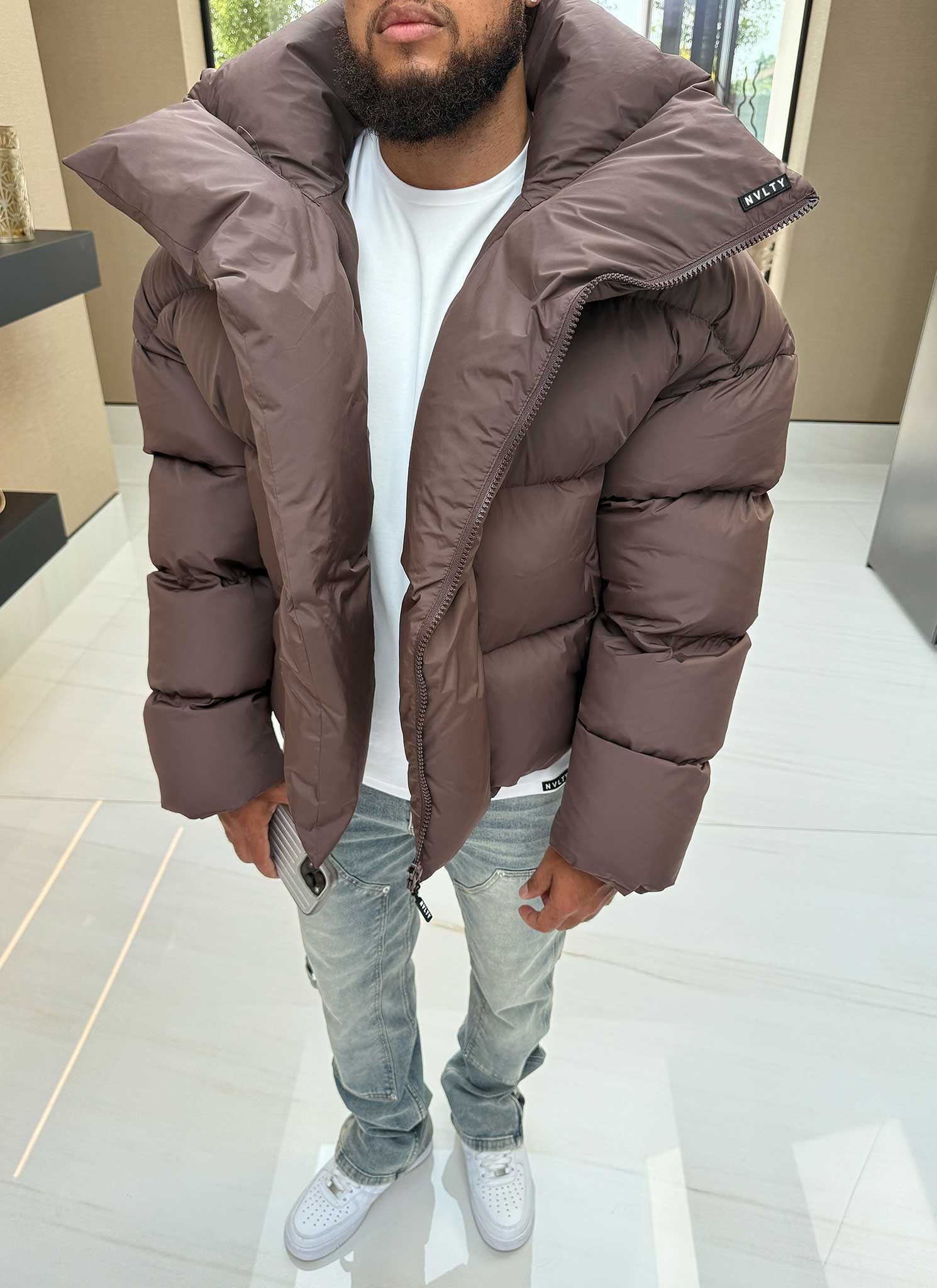 Vintage Shawl Collar Puffer Jacket - Brown