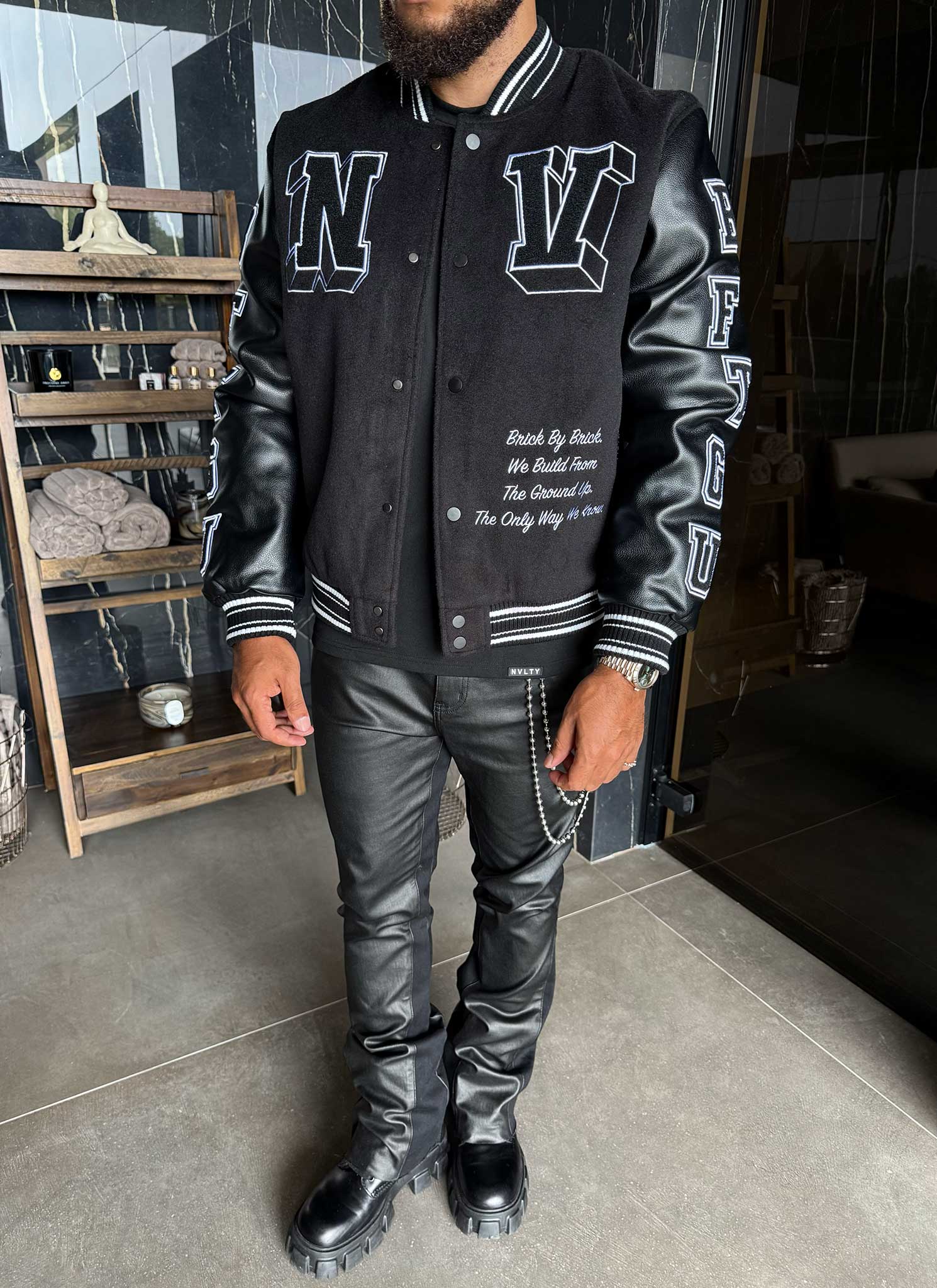 Built From The Ground Up Varsity Jacket - Black