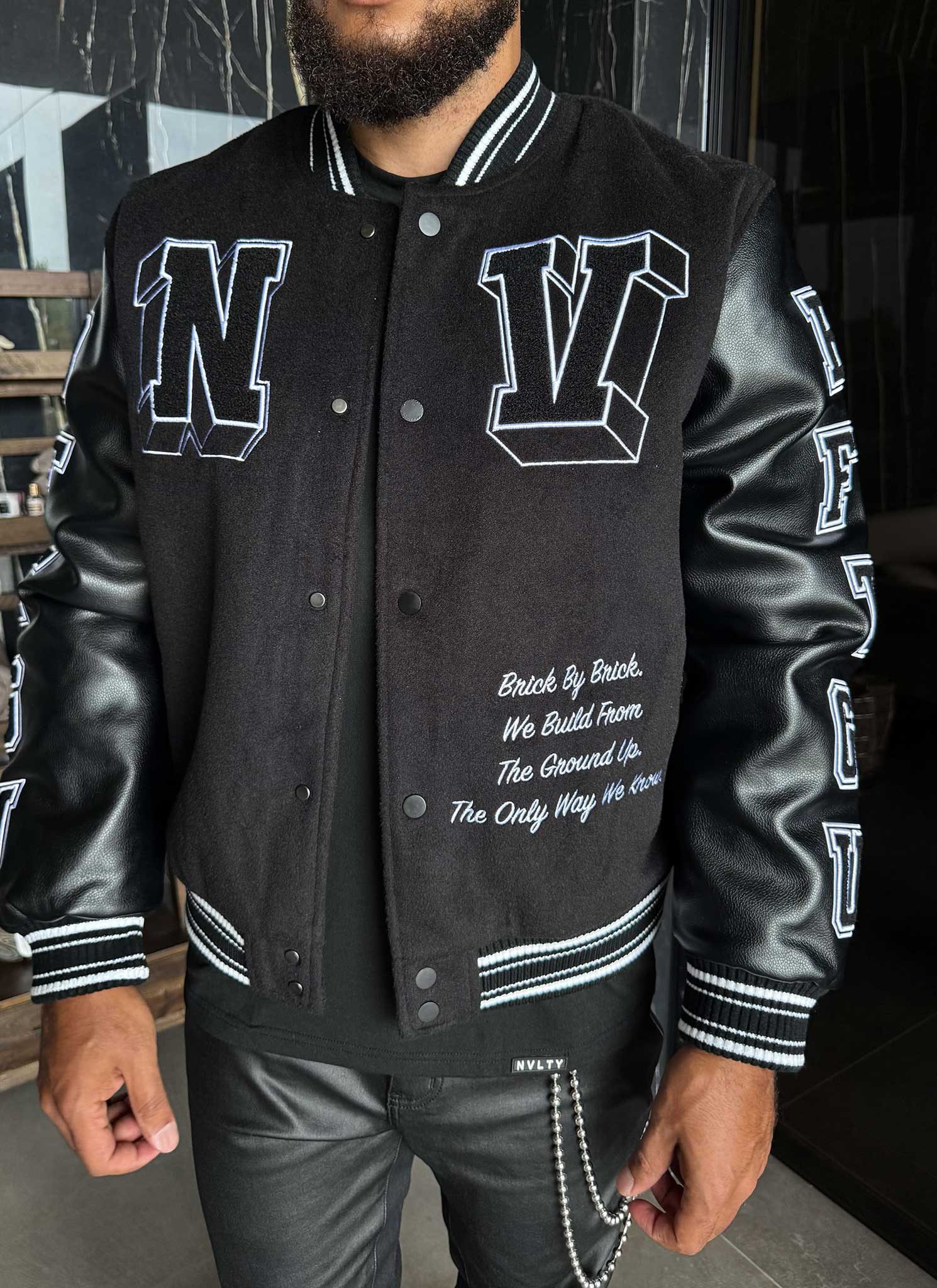 Built From The Ground Up Varsity Jacket - Black
