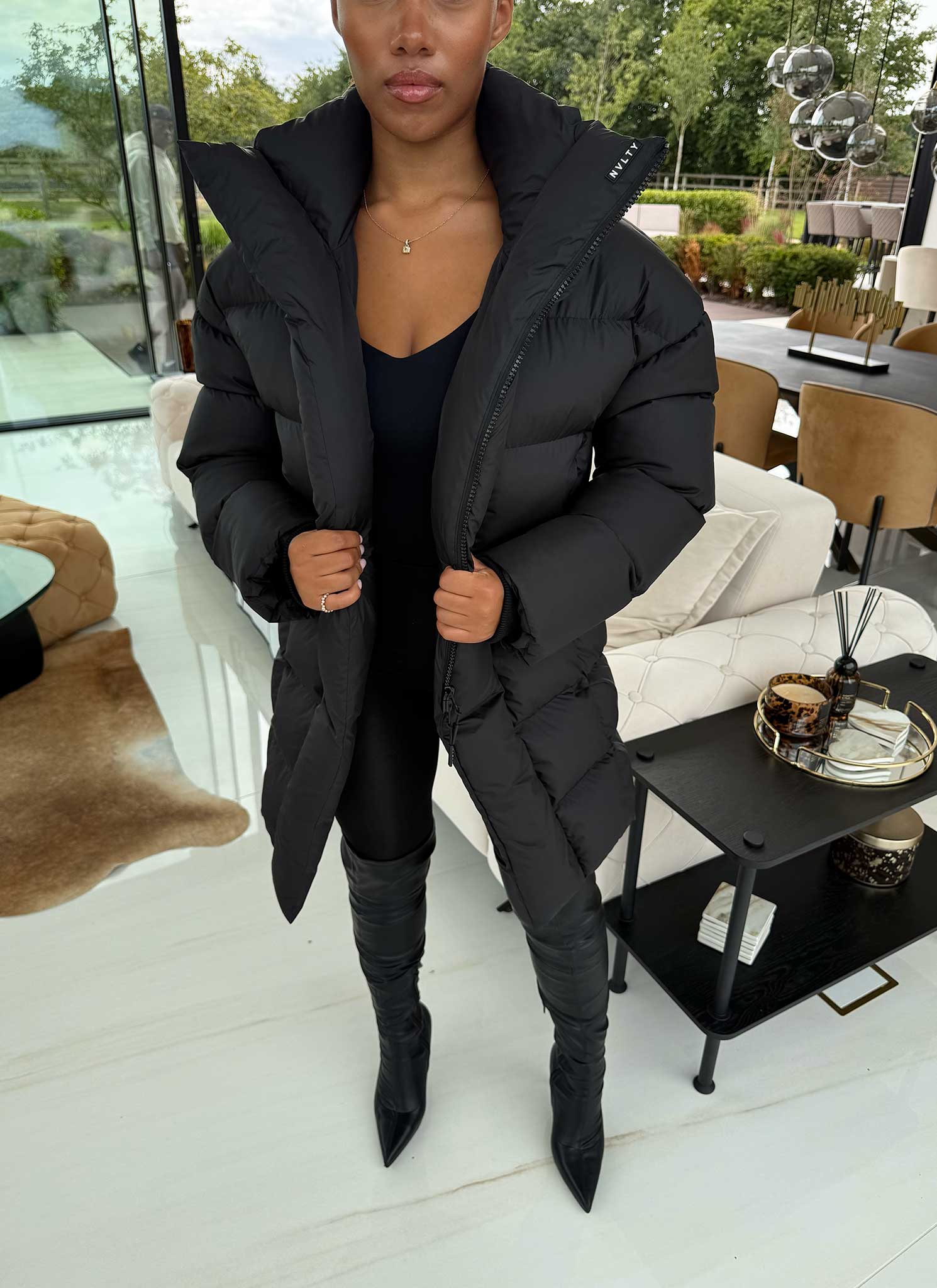 Vintage Long Shawl Collar Puffer Jacket - Black