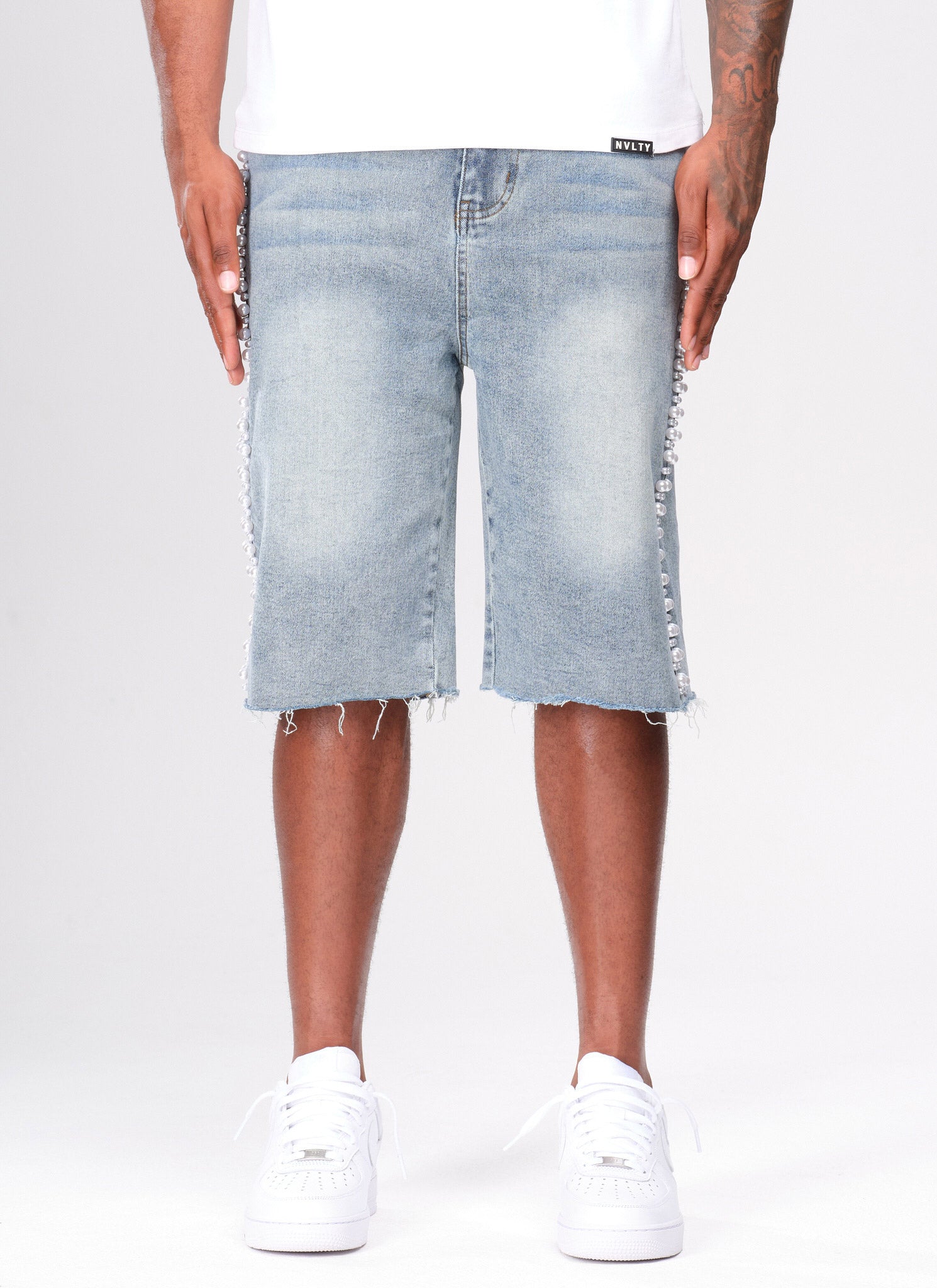 Vintage Pearl Denim Shorts - Blue