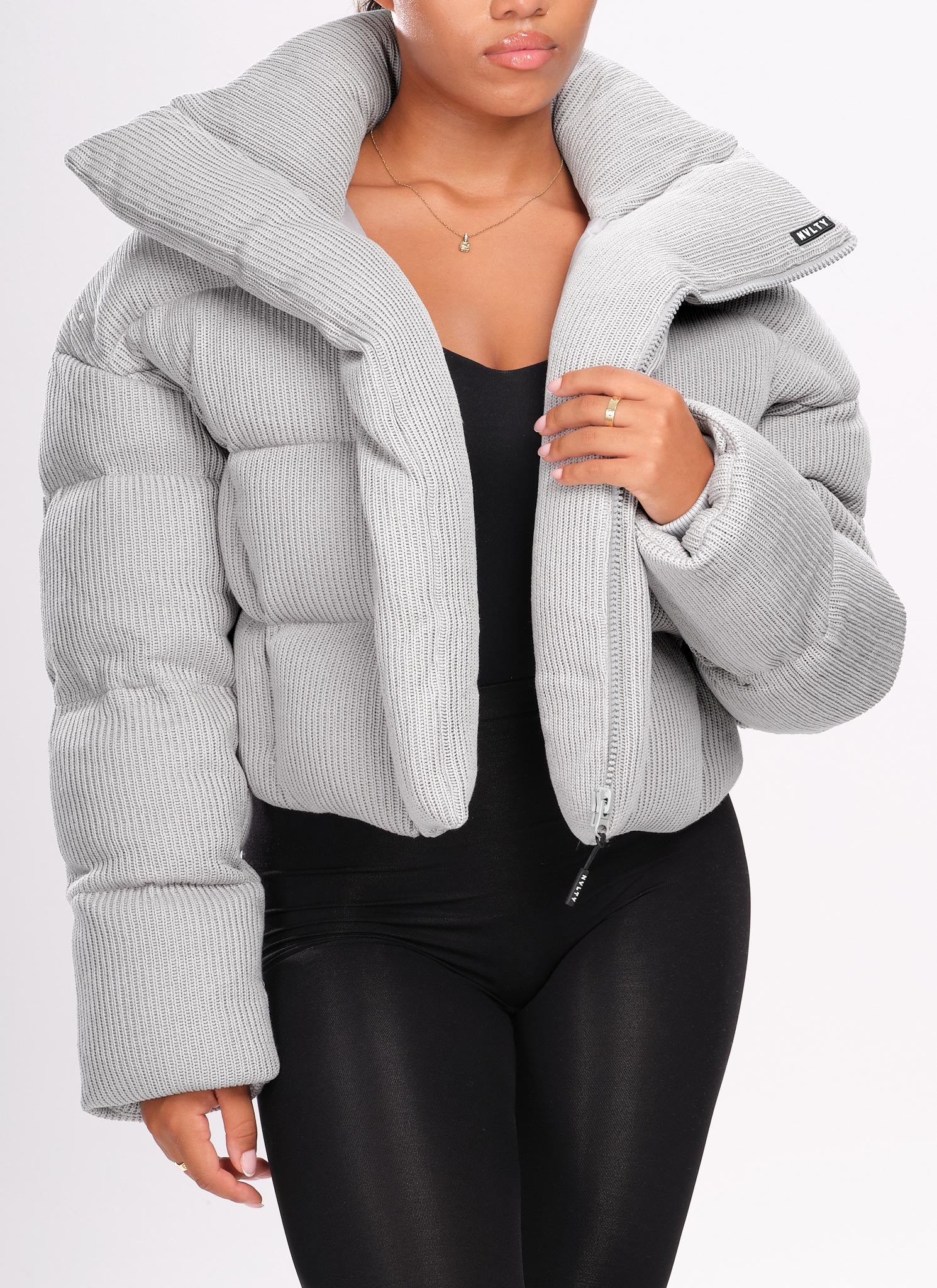 Knit Shawl Collar Puffer Jacket - Grey