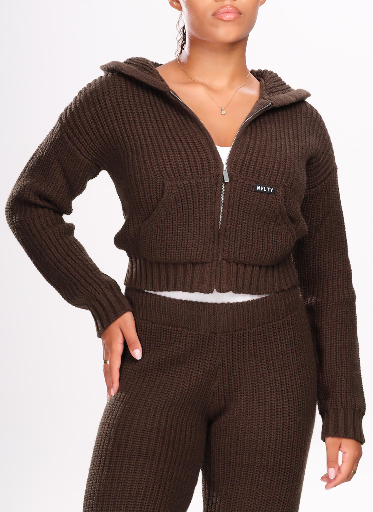 Heavyweight Knitted Zip Hoodie - Brown