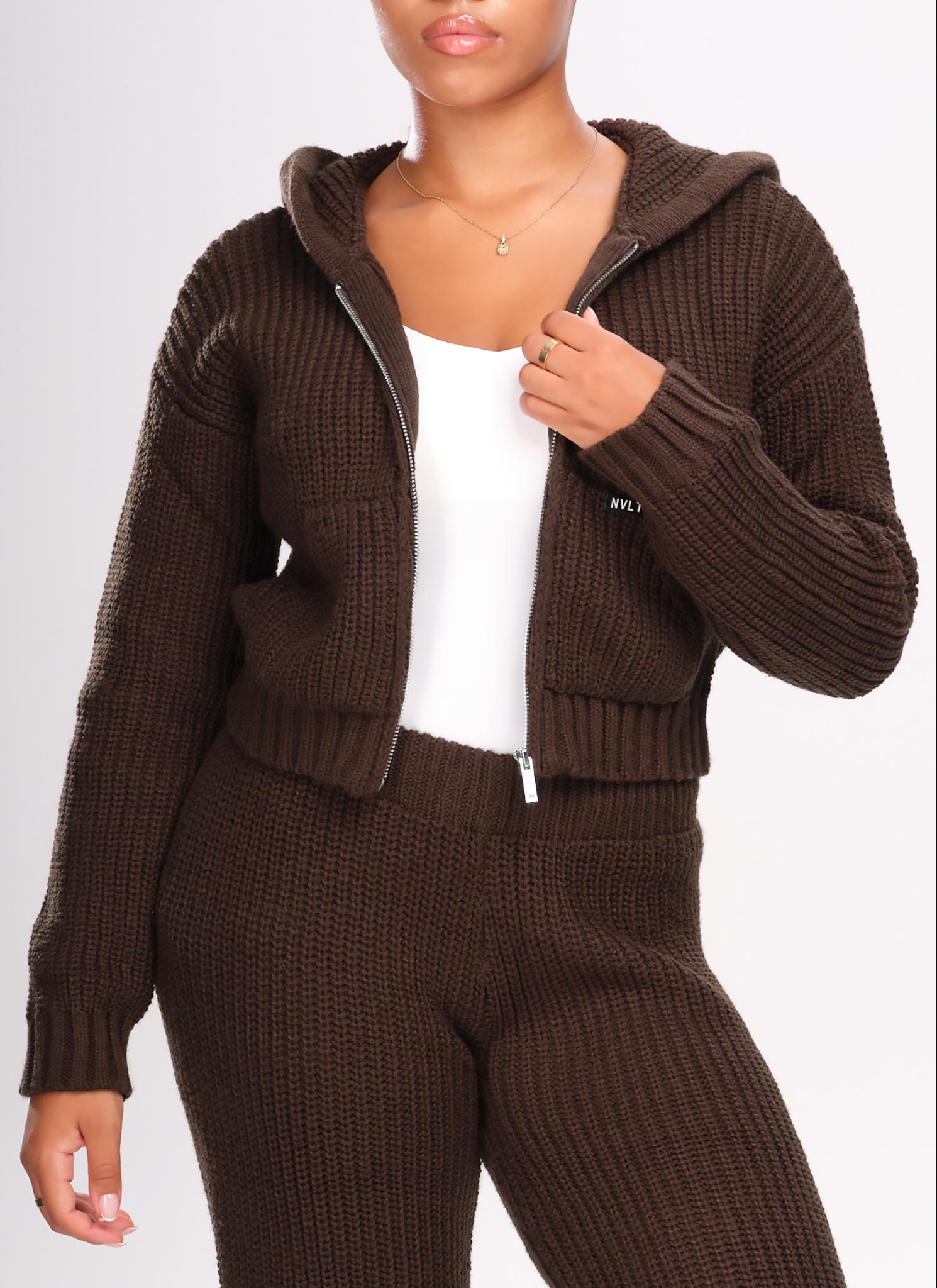 Heavyweight Knitted Zip Hoodie - Brown