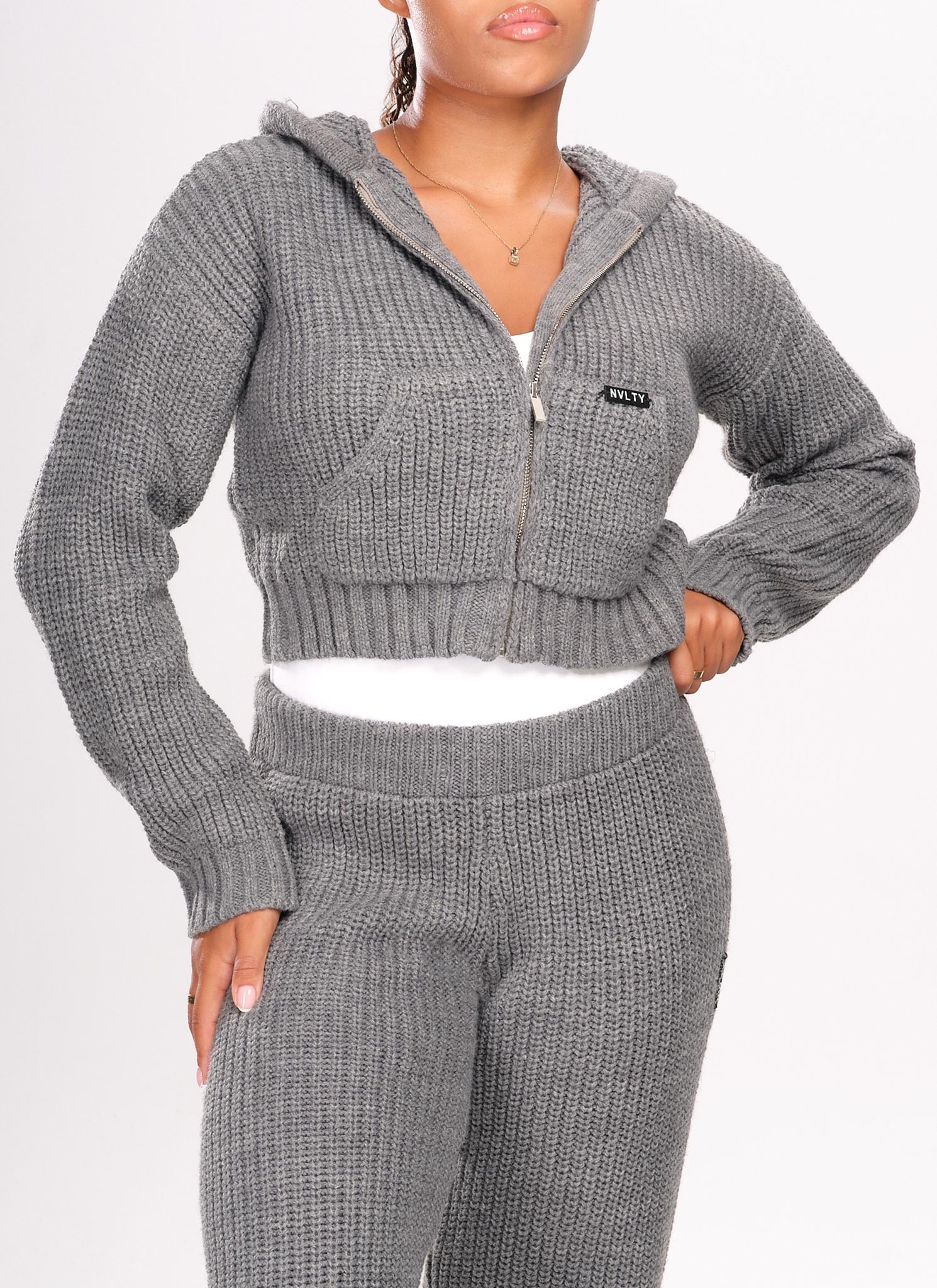 Heavyweight Knitted Zip Hoodie - Grey