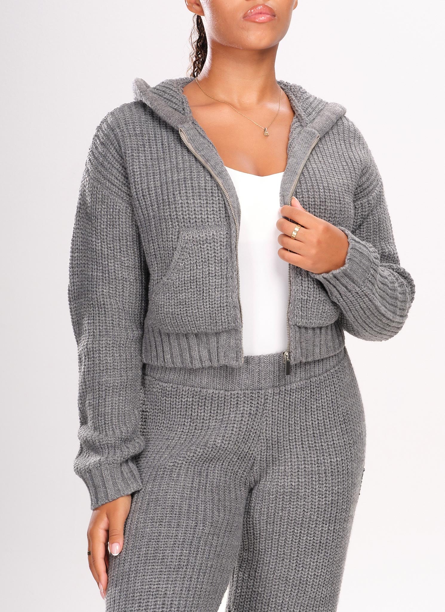 Heavyweight Knitted Zip Hoodie - Grey