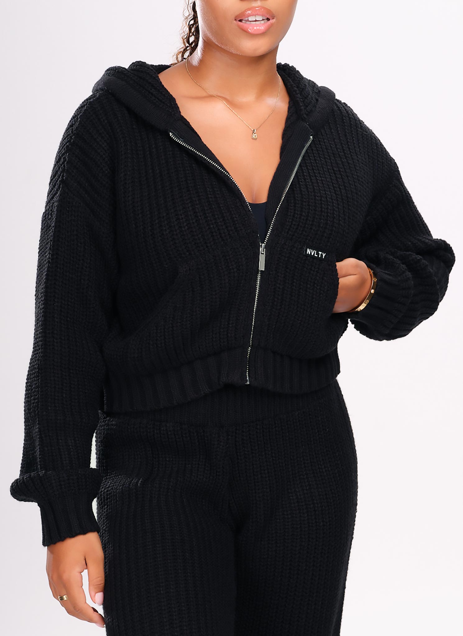 Heavyweight Knitted Zip Hoodie - Black