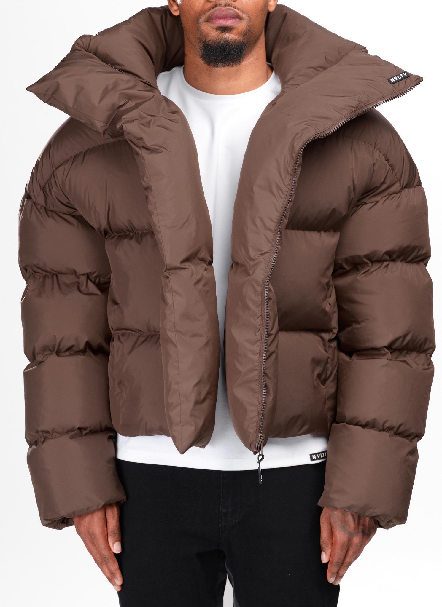 Vintage Shawl Collar Puffer Jacket - Brown