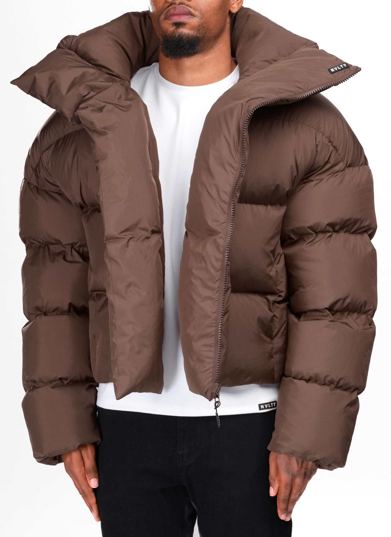 Vintage Shawl Collar Puffer Jacket - Brown